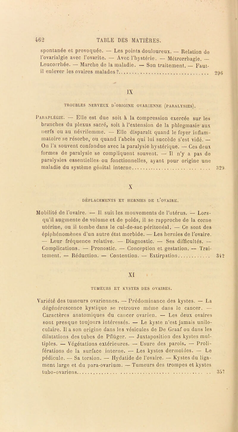 spontanée et provoquée. — Les points douloureux. — Relation do Tovarialgie avec l’ovarite. — Avec l’hystérie. — Métrorrbagio. — Leucorrhée. — Marche de la maladie. — Son traitement. — Faut- il enlever les ovaires malades? IX TROUBLES NERVEUX d’oRIGINE OVARIENNE (PARALYSIES). Paraplégie. — Elle est due soit à la compression exercée sur les branches du plexus sacré, soit à l’extension de la phlogmasie aux nerfs ou au névrilemme. — Elle disparaît quand le foyer inflam- matoire se résorbe, ou quand l'abcès qui lui succède s’est vidé.— On l’a souvent confondue avec la paralysie hystérique. — Ces deux formes de paralysie se compliquent souvent. — Il n’y a pas de paralysies essentielles-ou fonctionnelles, ayant pour origine une maladie du système génital interne X DÉPLACEMENTS ET HERNIES DE l’oVAIRE. Mobilité de l'ovaire. — Il suit les mouvements de l’utérus. — Lors- qu’il augmente de volume et de poids, il se rapproche de la corne utérine, ou il tombe dans le cul-de-sac péritonéal. — Ce sont des épiphénomènes d’un autre état morbide. — Les hernies de l’ovaire. — Leur fréquence relative. — Diagnostic. — Ses difficultés. — Complications. — Pronostic. — Conception et gestation. — Trai- tement. — Réduction. — Contention. — Extirpation XI TUMEURS ET KYSTES DES OVAIRES. Variété des tumeurs ovariennes. —Prédominance des kystes. — La dégénérescence kystique se retrouve même dans le cancer. — Caractères anatomiques du cancer ovarien. — Les deux ovaires sont presque toujours intéressés. — Le kyste n’est jamais unilo- culaire. Il a son origine dans les vésicules de De Graaf ou dans les dilatations des tubes de Pflüger. — Juxtaposition des kystes mul- tiples. — Végétations extérieures. — Usure des parois, — Proli- férations de la surface interne. — Les kystes dermoïdes. — Le pédicule. — Sa torsion. — Hydatide de l’ovaire. — Kystes du liga- ment large et du para-ovarium. — Tumeurs des trompes et kystes tubo-ovariens