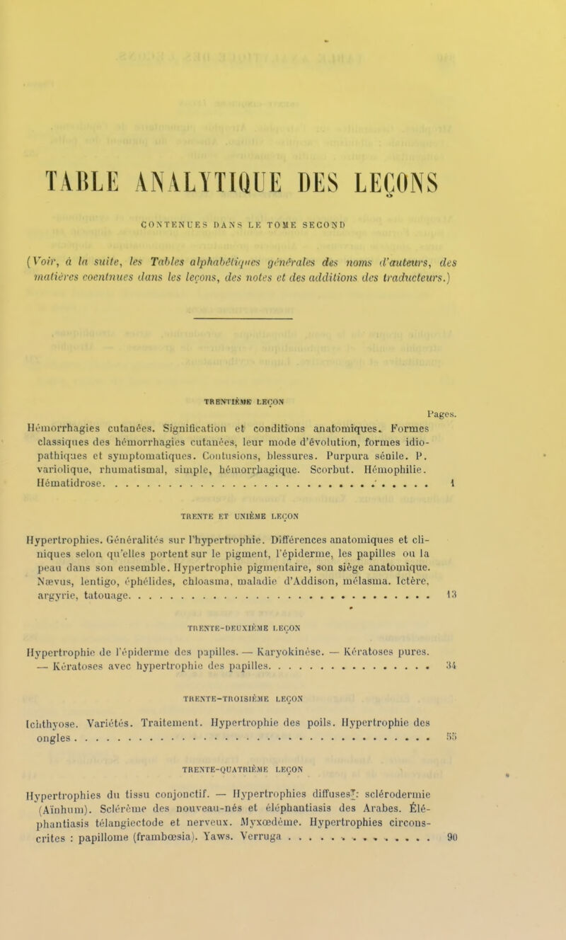 TABLE ANALYTIQUE DES LEÇONS CONTENUES DANS LE TOME SECOND (Voir, à la suite, les Tables alphabôtviucs générales des noms d'auteurs, des matières coentnues thuis les leçons, des notes et des additions des traducteurs.) TRENTIÈME LEÇON fages. Hémorrhagies cutanées. Signification et conditions anutomiques. Formes classiques des hémorrhagies cutanées, leur mode d'évolution, formes idio- pathiques et syniptomatiques. Contusions, blessures. Purpura sénile. P. variolique, rhumatismal, simple, hémoniiagique. Scorbut. Hémophilie. Hématidrose ' 1 TRENTE ET UNIÈME LEÇON Hypertrophies. Généralités sur l'hypertrophie. Différences anatomiques et cli- niques selon qu'elles portent sur le pigment, l'épidenne, les papilles ou la peau dans son ensemble. Hypertrophie pigmentaire, son siège anatomique. Nœvus, lentigo, éphélides, chloasma, maladie d'Addison, mélasma. Ictère, argyrie, tatouage 13 TRENTE-DEUXIÈME LEÇON Hypertrophie de l'épidémie des papilles. — Karyokinése. — Kératoses pures. — Kératoses avec hypertrophie des papilles 34 TRENTE-TROISIÈME LEÇON [chthyoae. Variétés. Traitement. Hypertrophie des poils. Hypertrophie des ongles 85 TRENTE-QUATRIÈME LEÇON Hypertrophies du tissu conjonctif. — Hypertrophies diffuses^: sclérodermie (Aïnhum). Sclérème des nouveau-nés et éléphautiasis des Arabes. Élé- phantiasis télangiectode et nerveux. Alyxœdème. Hypertrophies circons- crites : papillome (frambœsia). Yaws. Verruga 90