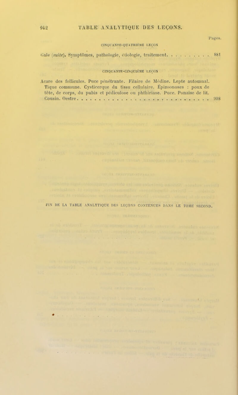 Pnges. CINQUANTE-QUATRIÈME LEÇON <iale suite). Symptômes, pathologie, étiologie, traitement 881 CINQUANTE-CINQUIÈME LÉÇON Acare des follicules. Puce pénétrante. Filaire île Médine. Lepte automnal. Tique commune. Cysticerque du tissu cellulaire. Épizoonoses : poux de tête, de corps, du pubis et pédiculose ou phfhiriase. Puce. Punaise de lit. Cousin. Oestre 'JOS FIN DE LA TABLE ANALYTIQUE DES LEÇONS CONTENUES DANS LE TOME SECOND.