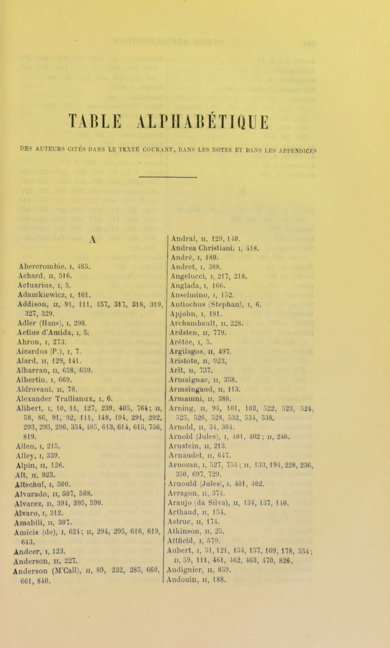 TABLE ALPHABETIQUE DES AUTEURS CITÉS DANS LE TEXTE COURANT, DANS LES NOTES ET DANS LES APPENDICES A Abercrombie. i, 485. Achard, n, 516. Actuarius, i, o. Adainkiewicz, i, 161. Addison, D, 91, 111, 157, 317, 318, 319, 327, 329. Adler (Hans), i, 298. Aetius d'Amida, i, o. Ahron, i, 273. Aicardus (P.), i, 7. Alard, n, 129, 141. Albarran, n, 658, 659. Albertin. i, 669. Aldrovani, a, 78. Alexander Trallianux, i, 6. Alibert, i, 10, 11, 127, 239, 405, 764; u, 58, 86, 91, 92, 111, 148, 194, 291, 292, 293, 295, 296, 354, 405, 613, 614, 615, 756, 819. Ailen, i, 215. Alley, i, 339. Alpin, n, 126. Alt, H, 923. Altschul, i, 500. Alvarado, n, 507, 508. Alvarez, n, 394, 395, 590. Alvaro, i, 312. Araabili, n, 307. Ainicis (de), i, 624; n, 294, 295, 616, 619, 643. Andeer, i, 123. Anderson, n, 227. Anderson (M'CalI), II, 89, 232, 285, 660, 661, 840. Andral, n, 129, 140. Andréa Christiaui, i, 418. André, i. 180. Andret, i, 388. Angelucci, i, 217, 218. Anglada, i, 166. Anselrnino, i, 152. Antiochus (Stephan), r, 6. Apjohn, i, 181. Arohainbault, u, 228. Ardsten, n, 779. Arétée, i, 5. Argilagos, n. 497. Aristote, n, 923, Arlt, n, 737. Armaignac, II, 358. Arinaiugaïul, n, 113. Armamni, a, 388. Arning, n, 94, 101, 103, 522, 523, 524, 525, 526, 528, 532, 534, 538. Arnold, n, 34, 304. Arnold (Jules), i, 401, 402; u, 246. Arnstein, n, -2\3. Arnaudet, n, Iii7. Arnozan, i, 527, 751 ; u, 133,194, 228, 236, 350, 697, 729. Arnould (Jules), r, 401. 102. Arragon, n, 371. Araujo (da Silva), n, 134, 137, 140. Arthaud, n, 154. Aslruc, n, 17 i. Atkinson, u, 25. Attfield, i, 579. Aubert, i, 51,121, 154, 157, 169, 178, 554; n, 59, 111, 461, 462, 463, 470, 826. Audignier, n. 859. Audouin, n, 188.