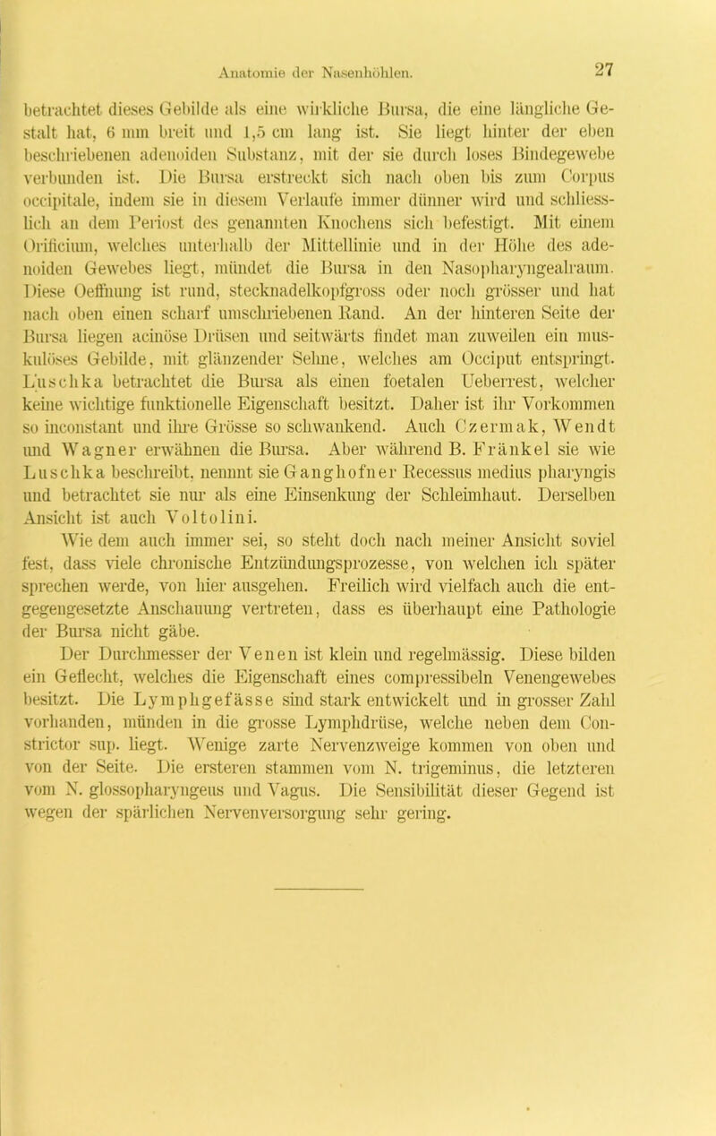 betrachtet dieses Gebilde als eine wirkliche Bursa, die eine längliche Ge- stalt hat, 6 nun breit und 1,5 cm lang ist. Sie liegt hinter der eben beschriebenen adenoiden Substanz, mit der sie durch loses Bindegewebe verbunden ist. Die Bursa erstreckt sich nach oben bis zum Corpus occipitale, indem sie in diesem Verlaufe immer dünner wird und schliess- lich an dem Periost des genannten Knochens sich befestigt. Mit einem Orificium, welches unterhalb der Mittellinie und in der Höhe des ade- noiden Gewebes liegt, mündet die Bursa in den Nasopllaryngealraum. Diese Dehnung ist rund, stecknadelkopfgross oder noch grösser und hat nach oben einen scharf umschriebenen Rand. An der hinteren Seite der Bursa liegen acinöse Drüsen und seitwärts findet man zuweilen ein mus- kulöses Gebilde, mit glänzender Sehne, welches am Occiput entspringt. Luschka betrachtet die Bursa als einen foetalen Ueberrest, welcher keine wichtige funktionelle Eigenschaft besitzt. Daher ist ihr Vorkommen so inconstant und ihre Grösse so schwankend. Auch Czermak, Wen dt und Wagner erwähnen die Bursa. Aber während B. Kränk el sie wie Luschka beschreibt, nenrnit sie Ganghofner Recessus medius pharyngis und betrachtet sie nur als eine Einsenkung der Schleimhaut. Derselben Ansicht ist auch Voltolini. Wie dem auch immer sei, so steht doch nach meiner Ansicht soviel fest, dass viele chronische Entzündungsprozesse, von welchen ich später sprechen werde, von hier ausgehen. Freilich wird vielfach auch die ent- gegengesetzte Anschauung vertreten, dass es überhaupt eine Pathologie der Bursa nicht gäbe. Der Durchmesser der Venen ist klein und regelmässig. Diese bilden ein Geflecht, welches die Eigenschaft eines compressibeln Venengewebes besitzt. Die Lymphgefässe sind stark entwickelt und in grosser Zahl vorhanden, münden in die grosse Lymphdrüse, welche neben dem Con- strictor sup. liegt. Wenige zarte Nervenzweige kommen von oben und von der Seite. Die ersteren stammen vom N. trigeminus, die letzteren vom N. glossopharyngeus und Vagus. Die Sensibilität dieser Gegend ist wegen der spärlichen Nervenversorgung sehr gering.