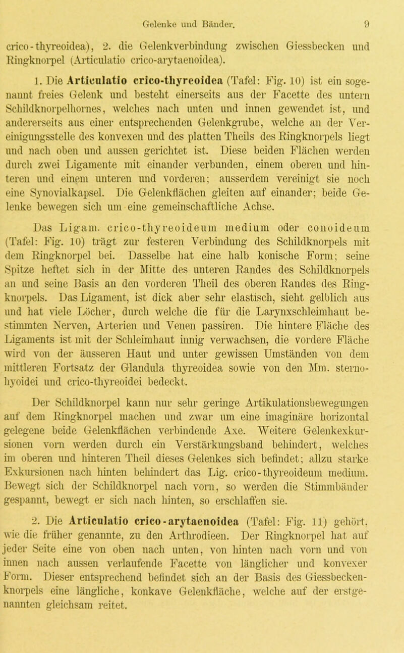 crico - thyreoidea), 2. die Gelenkverbindung zwischen Giessbecken und Kingknorpel (Articulatio crico-arytaenoidea). 1. Die Artieulatio crico-thyreoidea (Tafel: Fig. 10) ist ein soge- nannt freies Gelenk und besteht einerseits aus der Facette des untern Schildknorpelhornes, welches nach unten und innen gewendet ist, und andererseits aus einer entsprechenden Gelenkgrube, welche an der Ver- einigungsstelle des konvexen und des platten Theils des Ringknorpels liegt und nach oben und aussen gerichtet ist. Diese beiden Flächen werden durch zwei Ligamente mit einander verbunden, einem oberen und hin- teren und einem unteren und vorderen; ausserdem vereinigt sie noch eine Synovialkapsel. Die Gelenkflächen gleiten auf einander; beide Ge- lenke bewegen sich um eine gemeinschaftliche Achse. Das Ligam. crico-thyreoideum medium oder conoideum (Tafel: Fig. 10) trägt zur festeren Verbindung des Schildknorpels mit dem Ringknorpel bei. Dasselbe hat eine halb konische Form; seine Spitze heftet sich in der Mitte des unteren Randes des Schildknorpels an und seine Basis an den vorderen Theil des oberen Randes des Ring- knorpels. Das Ligament, ist dick aber sein- elastisch, sieht gelblich aus und hat viele Löcher, durch welche die für die Larynxschleimhaut be- stimmten Nerven, Arterien und Venen passiven. Die hintere Fläche des Ligaments ist mit der Schleimhaut innig verwachsen, die vordere Fläche wird von der äusseren Haut und unter gewissen Umständen von dem mittleren Fortsatz der Glandula thyreoidea sowie von den Mm. sterno- hyoidei und crico-thyreoidei bedeckt. Der Schildknorpel kann nur sehr geringe Artikulationsbewegungen auf dem Ringknorpel machen und zwar um eine imaginäre horizontal gelegene beide Gelenkflächen verbindende Axe. Weitere Gelenkexkur- sionen vom werden durch ein Verstärkungsband behindert, welches im oberen und hinteren Theil dieses Gelenkes sich befindet; allzu starke Exkursionen nach liinten behindert das Lig. crico-thyreoideum medium. Bewegt sich der Schildknorpel nach vom, so werden die Stimmbänder gespannt, bewegt er sich nach hinten, so erschlaffen sie. 2. Die Articulatio crico-arytaenoidea (Tafel: Fig. 11) gehört, wie die früher genannte, zu den Arthrodieen. Der Ringknorpel hat auf jeder Seite eine von oben nach unten, von hinten nach vorn und von innen nach aussen verlaufende Facette von länglicher und konvexer Form. Dieser entsprechend befindet sich an der Basis des Giessbecken- knorpels eine längliche, konkave Gelenkfläche, welche auf der erstge- nannten gleichsam reitet.