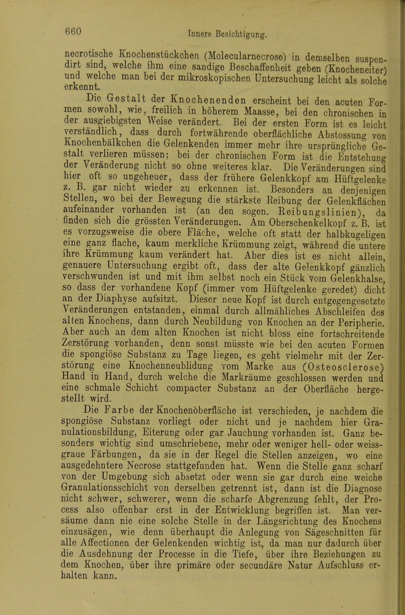 necrotische Knochenstückchen (Molecularnecrose) in demselben suspen dirt sind welche ihm eine sandige Beschaffenheit geben (Knocheneiter) und welche man bei der mikroskopischen Untersuchung leicht als solche erj£6nnx> Die Gestalt der Knochenenden erscheint bei den acuten For- men sowohl, wie, freilich in höherem Maasse, bei den chronischen in der ausgiebigsten Weise verändert. Bei der ersten Form ist es leicht verständlich, dass durch fortwährende oberflächliche Abstossung von Knochenbälkchen die Gelenkenden immer mehr ihre ursprüngliche Ge- stalt verlieren müssen; bei der chronischen Form ist die Entstehung der Veränderung nicht so ohne weiteres klar. Die Veränderungen sind hier oft so ungeheuer, dass der frühere Gelenkkopf am Hüftgelenke z. B. gar nicht wieder zu erkennen ist. Besonders an denjenigen Stellen, wo bei der Bewegung die stärkste Reibung der Gelenkflächen aufeinander vorhanden ist (an den sogen. Reibungslinien), da finden sich die grössten Veränderungen. Am Oberschenkelkopf z. B. ist es vorzugsweise die obere Fläche, welche oft statt der halbkugeligen eine ganz flache, kaum merkliche Krümmung zeigt, während die untere ihre Krümmung kaum verändert hat. Aber dies ist es nicht allein, genauere Untersuchung ergibt oft, dass der alte Gelenkkopf gänzlich verschwunden ist und mit ihm selbst noch ein Stück vom Gelenkhalse, so dass der vorhandene Kopf (immer vom Hüftgelenke geredet) dicht an der Diaphyse aufsitzt. Dieser neue Kopf ist durch entgegengesetzte Veränderungen entstanden, einmal durch allmähliches Abschleifen des alten Knochens, dann durch Neubildung von Knochen an der Peripherie. Aber auch an dem alten Knochen ist nicht bloss eine fortschreitende Zerstörung vorhanden, denn sonst müsste wie bei den acuten Formen die spongiöse Substanz zu Tage liegen, es geht vielmehr mit der Zer- störung eine Knochenneublidung vom Marke aus (Osteosclerose) Hand in Hand, durch welche die Markräume geschlossen werden und eine schmale Schicht compacter Substanz an der Oberfläche herge- stellt wird. Die Farbe der Knochenöberfläche ist verschieden, je nachdem die spongiöse Substanz vorliegt oder nicht und je nachdem hier Gra- nulationsbildung, Eiterang oder gar Jauchung vorhanden ist. Ganz be- sonders wichtig sind umschriebene, mehr oder weniger hell- oder weiss- graue Färbungen, da sie in der Regel die Stellen anzeigen, wo eine ausgedehntere Necrose stattgefunden hat. Wenn die Stelle ganz scharf von der Umgebung sich absetzt oder wenn sie gar durch eine weiche Granulationsschicht von derselben getrennt ist, dann ist die Diagnose nicht schwer, schwerer, wenn die scharfe Abgrenzung fehlt, der Pro- cess also offenbar erst in der Entwicklung begriffen ist. Man ver- säume dann nie eine solche Stelle in der Längsrichtung des Knochens einzusägen, wie denn überhaupt die Anlegung von Sägeschnitten für alle Affectionen der Gelenkenden wichtig ist, da man nur dadurch über die Ausdehnung der Processe in die Tiefe, über ihre Beziehungen zu dem Knochen, über ihre primäre oder secundäre Natur Aufschluss er- halten kann.