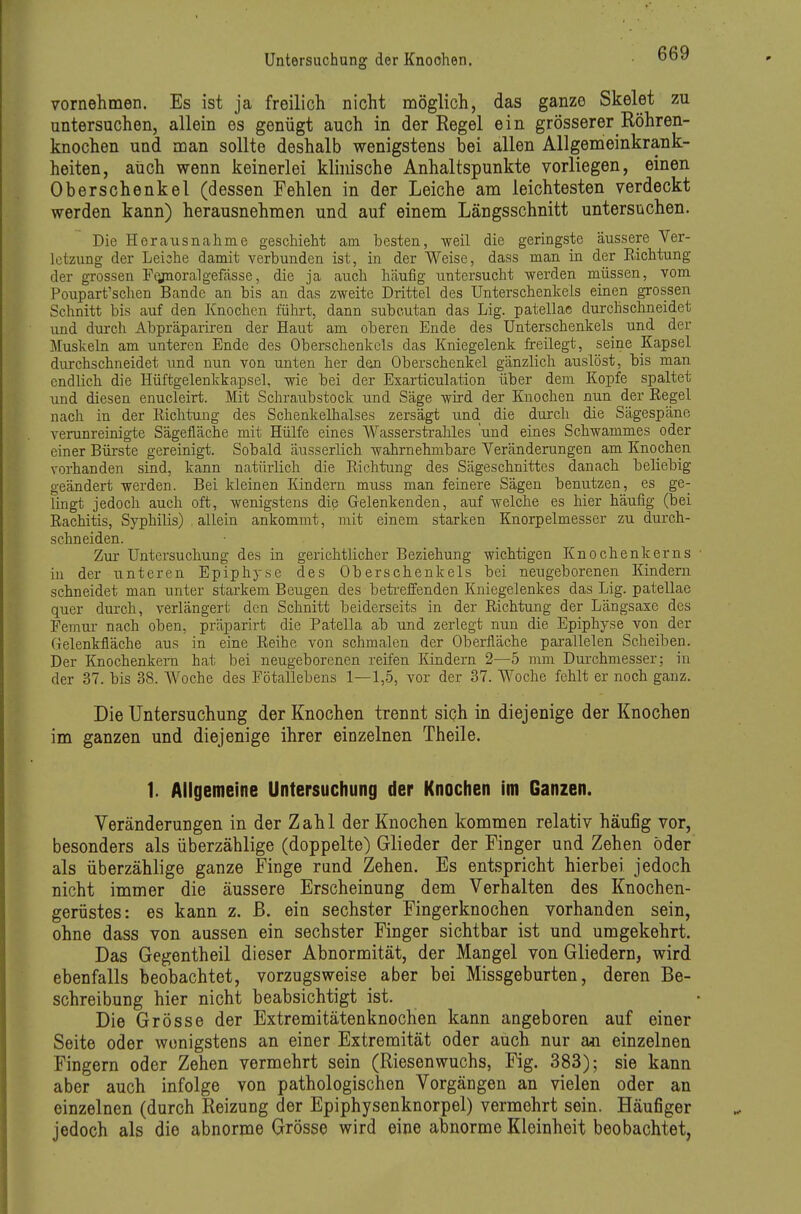 vornehmen. Es ist ja freilich nicht möglich, das ganze Skelet zu untersuchen, allein es genügt auch in der Regel ein grösserer Röhren- knochen und man sollte deshalb wenigstens bei allen Allgemeinkrank- heiten, auch wenn keinerlei klhiische Anhaltspunkte vorliegen, einen Oberschenkel (dessen Fehlen in der Leiche am leichtesten verdeckt werden kann) herausnehmen und auf einem Längsschnitt untersuchen. Die Herausnahme geschieht am besten, weil die geringste äussere Ver- letzung der Leiche damit verbunden ist, in der Weise, dass man in der Richtung der grossen FQjnoralgefdsse, die ja auch häufig untersucht werden müssen, vom Poupart'schen Bande an bis an das zweite Drittel des Unterschenkeis einen grossen Schnitt bis auf den Knochen führt, dann subcutan das Lig. patellae durchschneidet ;md durch Abpräpariren der Haut am oberen Ende des Unterschenkels und der Muskeln am unteren Ende des Oberschenkels das Kniegelenk freilegt, seine Kapsel diu-chschneidet imd nun von unten her dan Oberschenkel gänzlich auslöst, bis man endlich die Hüftgelenkkapsel, wie bei der Exarticulation über dem Kopfe spaltet und diesen enucleirt. Mit Schraiibstock und Säge wird der Knochen nun der Eegel nach iu der Richtung des Schenkelhalses zersägt und die durch die Sägespäne verunreinigte Sägefläche mit Hülfe eines Wasserstrahles 'und eines Schwammes oder einer Bürste gereinigt. Sobald äusserlich wahrnehmbare Yeränderungen am Knochen vorhanden sind, kann natürlich die Richtung des Sägeschnittes danach beliebig geändert werden. Bei kleinen Kindern muss man feinere Sägen benutzen, es ge- lingt jedoch auch oft, wenigstens die Gelenkenden, auf welche es hier häufig (bei Rachitis, Syphilis) allein ankommt, mit einem starken Knorpelmesser zu durch- schneiden. Zur Untersuchung des in gerichtlicher Beziehung wichtigen Knochenkerns iu der unteren Epiphyse des Oberschenkels bei neugeborenen Kindern schneidet man unter starkem Beugen des beti-effenden Kniegelenkes das Lig. patellae quer durch, verlängert den Schnitt beiderseits in der Richtung der Längsase des Pemui- nach oben, präparirt die Patella ab und zerlegt nun die Epiphyse von der ftelenkfläche aus in eine Reihe von schmalen der Oberfläche parallelen Scheiben. Der Knochenkern hat bei neugeborenen reifen Kindern 2—5 mm Durchmesser; in der 37. bis 38. Woche des Fötallebens 1—1,5, vor der 37. Woche fehlt er noch ganz. Die Untersuchung der Knochen trennt sich in diejenige der Knochen im ganzen und diejenige ihrer einzelnen Theile. 1. Allgemeine Untersuchung der Knochen Im Ganzen. Veränderungen in der Zahl der Knochen kommen relativ häufig vor, besonders als überzählige (doppelte) Glieder der Finger und Zehen öder als überzählige ganze Finge mnd Zehen. Es entspricht hierbei jedoch nicht immer die äussere Erscheinung dem Verhalten des Knochen- gerüstes: es kann z. ß. ein sechster Fingerknochen vorhanden sein, ohne dass von aussen ein sechster Finger sichtbar ist und umgekehrt. Das Gegentheil dieser Abnormität, der Mangel von Gliedern, wird ebenfalls beobachtet, vorzugsweise aber bei Missgeburten, deren Be- schreibung hier nicht beabsichtigt ist. Die Grösse der Extremitätenknochen kann angeboren auf einer Seite oder wenigstens an einer Extremität oder auch nur an einzelnen Fingern oder Zehen vermehrt sein (Riesenwuchs, Fig. 383); sie kann aber auch infolge von pathologischen Vorgängen an vielen oder an einzelnen (durch Reizung der Epiphysenknorpel) vermehrt sein. Häufiger jedoch als die abnorme Grösse wird eine abnorme Kleinheit beobachtet,