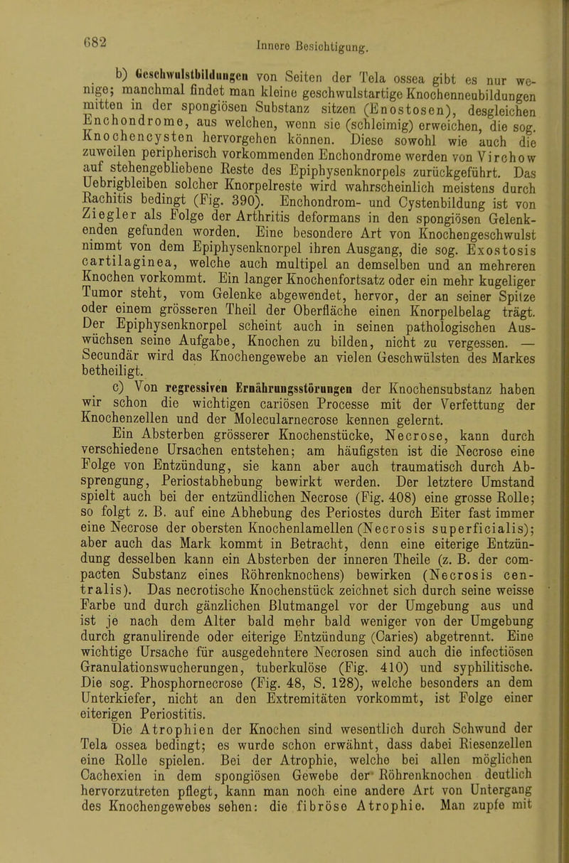 082 b) «eschwulstbildimgcii von Seiten der Tela ossea gibt es nur we- nige; manchmal findet man kleine geschwulstartige Knociienneubildangen mitten m der spongiösen Substanz sitzen (Enostosen), desgleichen Enchondrome, aus welchen, wenn sie (schleimig) erweichen, die sog KnoCheneysten hervorgehen können. Diese sowohl wie auch die zuweilen peripherisch vorkommenden Enchondrome werden von Virchow auf stehengebliebene Reste des Epiphysenknorpels zurückgeführt. Das Uebngbleiben solcher Knorpelreste wird wahrscheinlich meistens durch Rachitis bedingt (Fig. 390). Enchondrom- und Cystenbildung ist von Ziegler als Folge der Arthritis deformans in den spongiösen Gelenk- enden gefunden worden. Eine besondere Art von Knochengeschwulst nimmt von dem Epiphysenknorpel ihren Ausgang, die sog. Exostosis cartilaginea, welche auch multipel an demselben und an mehreren Knochen vorkommt. Ein langer Knochenfortsatz oder ein mehr kugeliger Tumor steht, vom Gelenke abgewendet, hervor, der an seiner Spitze oder einem grösseren Theil der Oberfläche einen Knorpelbelag trägt. Der Epiphysenknorpel scheint auch in seinen pathologischen Aus- wüchsen seine Aufgabe, Knochen zu bilden, nicht zu vergessen. — Secundär wird das Knochengewebe an vielen Geschwülsten des Markes betheiligt. c) Von regressiren Ernährungsstörungen der Knochensubstanz haben wir schon die wichtigen cariösen Processe mit der Verfettung der Knochenzellen und der Molecularnecrose kennen gelernt. Ein Absterben grösserer Knochenstücke, Necrose, kann durch verschiedene Ursachen entstehen; am häufigsten ist die Necrose eine Folge von Entzündung, sie kann aber auch traumatisch durch Ab- sprengung, Periostabhebung bewirkt werden. Der letztere Umstand spielt auch bei der entzündlichen Necrose (Fig. 408) eine grosse Rolle; so folgt z. B. auf eine Abhebung des Periostes durch Eiter fast immer eine Necrose der obersten Knochenlamellen (Necrosis superficialis); aber auch das Mark kommt in Betracht, denn eine eiterige Entzün- dung desselben kann ein Absterben der inneren Theile (z. B. der com- pacten Substanz eines Röhrenknochens) bewirken (Necrosis cen- tralis). Das necrotische Knochenstück zeichnet sich durch seine weisse Farbe und durch gänzlichen Blutmangel vor der Umgebung aus und ist je nach dem Alter bald mehr bald weniger von der Umgebung durch granulirende oder eiterige Entzündung (Oaries) abgetrennt. Eine wichtige Ursache für ausgedehntere Necrosen sind auch die infectiösen Granulationswucherungen, tuberkulöse (Fig. 410) und syphilitische. Die sog. Phosphornecrose (Fig. 48, S. 128), welche besonders an dem Unterkiefer, nicht an den Extremitäten vorkommt, ist Folge einer eiterigen Periostitis. Die Atrophien der Knochen sind wesentlich durch Schwund der Tela ossea bedingt; es wurde schon erwähnt, dass dabei Riesenzellen eine Rolle spielen. Bei der Atrophie, welche bei allen möglichen Cachexien in dem spongiösen Gewebe der- Röhrenknochen deutlich hervorzutreten pflegt, kann man noch eine andere Art von Untergang des Knochengewebes sehen: die fibröse Atrophie. Man zupfe mit