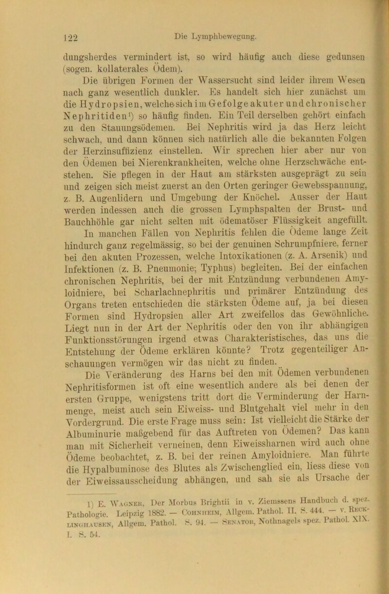 dimgslierdes vermindert ist, so wird häufig auch diese gedunsen (sogen, kollaterales Odem). Die übrigen Formen der Wassersucht sind leider ihrem Wesen nach ganz wesentlich dunkler. Ks liandelt sich hier zunächst um die Hydropsien, weichesich im Gefolge akuter undchronischer NephritideiD) so häufig finden. Ein Teil derselben gehört einfach zu den Stauungsüdenieu. Bei Nephritis wird ja das Herz leicht schwach, und dann können sich natürlich alle die bekannten Folgen der Herzinsuffizienz einstellen. Wir sprechen hier aber nur von den Ödemen bei Nierenkrankheiten, welche ohne Herzschwäche ent- stehen. Sie pflegen in der Haut am stärksten ausgeprägt zu sein und zeigen sich meist zuerst an den Orten geringer Gewebsspannung, z. B. Augenlidern und Umgebung der Knöchel. Ausser der Haut werden indessen auch die grossen Lymphspalten der Brust- und Bauchhöhle gar nicht selten mit ödematöser Flüssigkeit angefüllt. In manchen Fällen von Nephritis fehlen die ()deme lange Zeit hindurch ganz regelmässig, so bei der genuinen Schrumpfniere, ferner bei den akuten Prozessen, welche Intoxikationen (z. A. Arsenik) und Infektionen (z. B. Pneumonie; Typhus) begleiten. Bei der einfachen chronischen Nephritis, bei der mit Entzündung verbundenen Amy- loidniere, bei Scharlachnephritis und primärer Entzündung des Organs treten entschieden die stärksten Ödeme auf, ja bei diesen Formen sind Hydropsien aller Art zweifellos das Gewöhnliche. Liegt nun in der Art der Nephritis oder den von ihr abhängigen Funktionsstörungen irgend etwas Charakteristisches, das uns die Entstehung der Ödeme erklären könnte? Trotz gegenteiliger An- schauungen vermögen wir das nicht zu finden. Die Veränderung des Harns bei den mit Ödemen verbundenen Nephritisformen ist oft eine wesentlich andere als bei denen der ersten Gruppe, wenigstens tritt dort die Verminderung der Harn- menge, meist auch sein Eiweiss- und Blutgehalt viel mehr in den Vordergrund. Die erste Frage muss sein: Ist vielleicht die Stärke der Albuminurie maßgebend für das Auftreten von (Ödemen? Das kann man mit Sicherheit verneinen, denn Eiweissharnen wird auch ohne Ödeme beobachtet, z. B. bei der reinen Amyloidniere. Man führte die Hypalbuminose des Blutes als Zwischenglied ein, Hess diese von der Eiweissausscheidung abhängen, und sah sie als Ursache der 1) E. Wagxeu, Der Morbus Briglitii in v. Zierassens Handbuch d. spez. Pathologie. Leipzig 1882. — Cohnheim, Allgem. Pathol. II. UNOHACSEN, Allgein. Pathol. S. 94. — Senatou, Nothnagels spez. 1 athol. MX- I. 54.