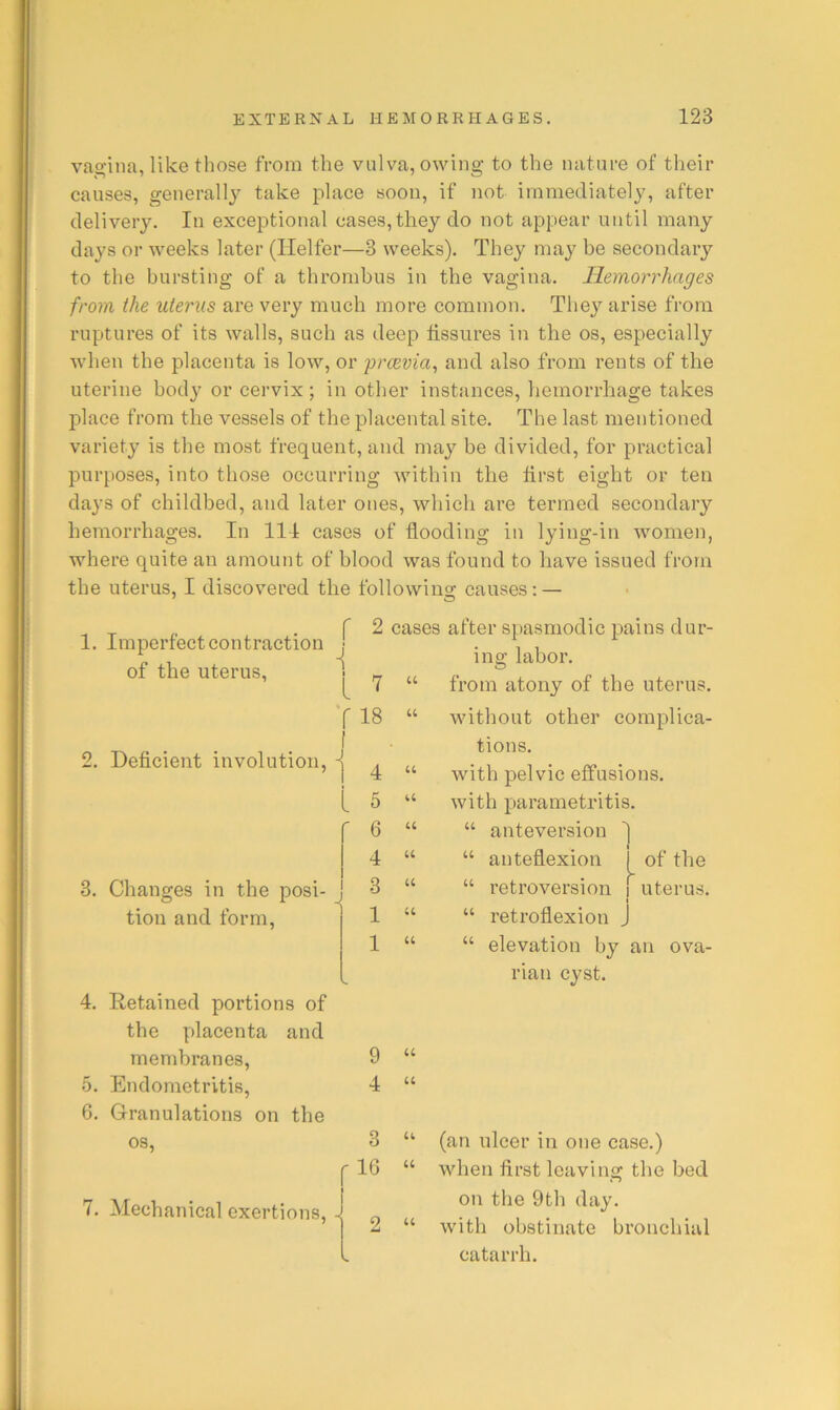 vagina, like those from the vulva, owing to the nature of their causes, generally take place soon, if not immediately, after delivery. In exceptional cases, they do not appear until many days or weeks later (Ilelfer—3 weeks). They maj^ be secondary to the bursting of a thrombus in the vagina. Hemorrhages from the uterus are very much more common. They arise from ruptures of its walls, such as deep fissures in the os, especially when the placenta is low, or prcevia, and also from rents of the uterine body or cervix ; in other instances, hemorrhage takes place from the vessels of the placental site. The last mentioned variety is the most frequent, and may be divided, for practical purposes, into those occurring within the first eight or ten days of childbed, and later ones, which are termed secondary hemorrhages. In 111 cases of flooding in lying-in women, where quite an amount of blood was found to have issued from the uterus, I discovered the followino; causes: — 1. Imperfect contraction of the uterus. 2. Deficient involution. 3. Changes in the posi- tion and form. 4. Retained portions of the placenta and membranes, 5. Endometritis, 6. Granulations on the os. 7. Mechanical exertions. r 2 cases after spasmodic pains dur- ing labor. 1 i 7 from atony of the uterus. Y 18 without other complica- 1 j tions. 1 4 (4 with pelvic effusions. i 5 u with parametritis. r 6 44 “ anteversion '' I 1 4 44 “ anteflexion of the 1 1 j 3 44 “ retroversion uterus. 1 44 “ retroflexion , 1 44 “ elevation by an ova- rian cyst. 9 44 4 44 3 44 (an ulcer in one ease.) r 44 when first leaving the on the 9th day. 2 “ with obstinate bronchial catarrh.