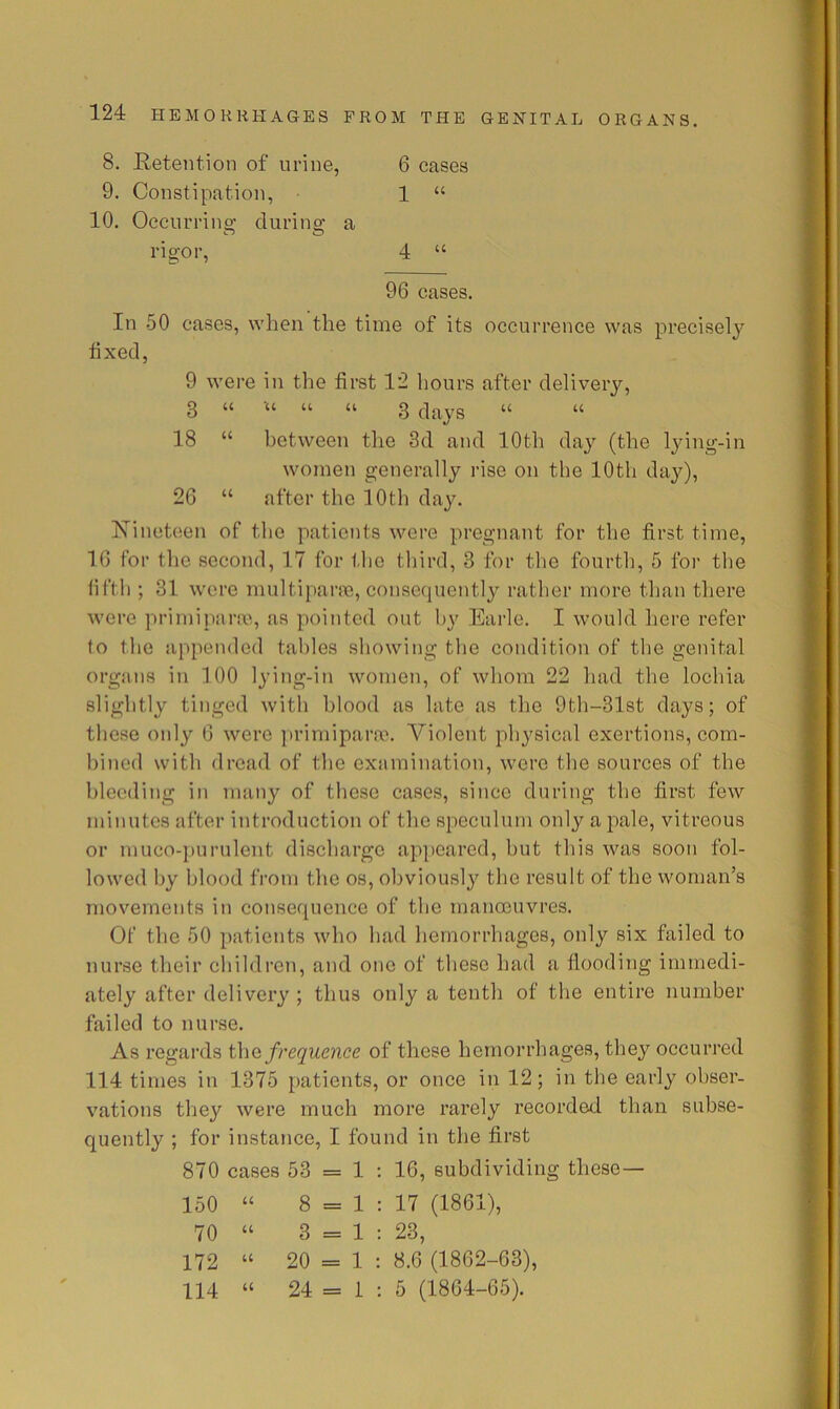 8. E,etention of urine, 6 cases 9. Constipation, 1 “ 10. Occurrino; durino; a rigor, 4 “ 96 cases. In 50 cases, when the time of its occurrence was precisely fixed, 9 were in the first 12 hours after delivery, 3 “ “ 3 days “ “ 18 “ between the 3d and 10th day (the lying-in women generally rise on the 10th da}^), 26 “ after the 10th day. Nineteen of the patients were pregnant for the first time, 16 for the second, 17 for the third, 3 for the fourth, 5 for the liftli; 31 were mnltiparre, consecpiently rather more than there were primipara'., as pointed out by Earle. I would here refer fo the appended tables showing the condition of the genital organs in 100 lying-in women, of whom 22 had the lochia slightly tinged witli blood as late as the 9tli-31st days; of tliese only 6 were jirimipara'. Violent physical exertions, com- bined with dread of the examination, were the sources of the bleeding in many of these cases, since during the first few minutes after introduction of the speculum only a pale, vitreous or muco-])urulent discharge appeared, but this was soon fol- lowed by blood fVom the os, obviously the result of the woman’s movements in consequence of the manoeuvres. Of the 50 patients who had hemorrhages, only six failed to nurse their children, and one of these had a flooding immedi- ately after delivery ; thus only a tenth of the entire number failed to nurse. As regards t\\Q frequence of these hemorrhages, they occurred 114 times iu 1375 patients, or once in 12; in the early obser- vations they were much more rarely recorded than subse- quently ; for instance, I found in the first 870 cases 53 = 1 : 16, subdividing these— 150 “ 8 = 1 : 17 (1861), 70 “ 3=1: 23, 172 “ 20 = 1 ; 8.6 (1862-63), 114 “ 24 = i : 5 (1864-65).