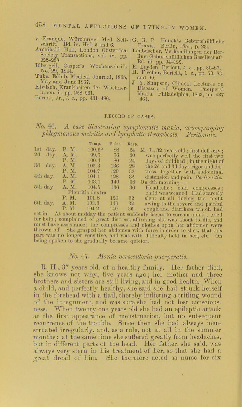J 458 MENTAL AFFECTIONS V. Frauque, Wurzburger Med. Zeit- schrift. Bcl. iy. Heft 5 and 6. Archibald Hall, London Obstetrical Society Transactions, vol. iv. pn. 222-228. Bibergeil, Casper’s Wochenschrift, No. 29, 1844. Tuke, Edinb. Medical Journal, 1865, May and June 1867. Kiwiscb, Krankheiten der Wbchner- innen, ii. pp. 228-261. Berndt, Jr., 1. c., pp. 431-486. OF LYING-IN WOMEN, G. G. P. Hauck’s Geburtsliiilflicbe Praxis. Berlin, 1851, p. 234. Leubuscber, Verbandlungen der Ber- liner Geburtsbiilflicben Gesellscbaft. Bd. iii. pp. 94-122. E. Leyden, Bericbt, 1. c., pp. 80-87. H. Fischer, Bericbt, 1. c., pp. 70, 83, and 90. J. T. Simpson, Clinical Lectures on Diseases of Women. Puerperal Mania. Philadelphia, 1863, pp. 437 RECORD OF CASES. No. 46. A case illustrating symptomatic mania., accompanying 2)hlegmonoiis metritis and lym2)hatic thrombosis. Peritonitis. M. J., 32 years old ; first delivery ; ■\vas perfectly well the first two days of childbed ; in the night of the 2d and 3d da}'s rigor and dis- tress, together with abdominal distension and pain. Peritonitis. On 4th morning:— Headache; eold compresses ; child wasweaned. Had scarcely sle])t at all during the night owing to the severe and painful eough and diarrhoea which had 8(‘t in. At about midday the patient suddenly began to scream aloud ; cried for helj); cuniplained of great distress, afiirming she was about to die, and must have assistance; the compresses and clothes upon her abdomen were thrown off. She grasped her abdomen with force in order to show that this part was no longer sensitive, and was with ditliculty held in bed, etc. On being spoken to she gradually became quieter. Temp. Pulse. Kosp. Lst (lay. P. M. 100.6° 88 24 2(1 (lay. A. M. 99.7 76 20 P. M. 100.4 80 24 3(1 (lay. A. M. 105.3 136 28 P. M. 104.7 120 32 4th (lay. A. M. 104.1 128 82 P. M. 103.1 140 38 5lh (lay. A. M. 104.5 136 36 Plcuritis (lextra P. M. 101.8 120 32 6th (lay. A. -M. 103.3 146 32 P. M. 104.2 140 36 No. 47. Mania jocrsecutoria puerjieralis. R. II., 37 years old, of a liealthy family. Her father died, she knows not why, five years ago; Iter mother and three brothers and sisters are still living,and in good health. When a child, and ]ierfectly healthy, she said she had struck herself in the forehead with a flail, thereby inflicting a trifling wound of the integument, and was sure she had not lost conscious- ness. When twenty-one years old she had an epileptic attack at the first appearance of menstruation, but no subsequent recurrence of the trouble. Since then she had always men- struated irregularly, and, as a rule, not at all in the summer months; at the same time she suffered greatly from headaches, but in different parts of the head. Her father, she said, was always very stern in his treatment of her, so that she had a great dread of him. She therefore acted as nurse for six