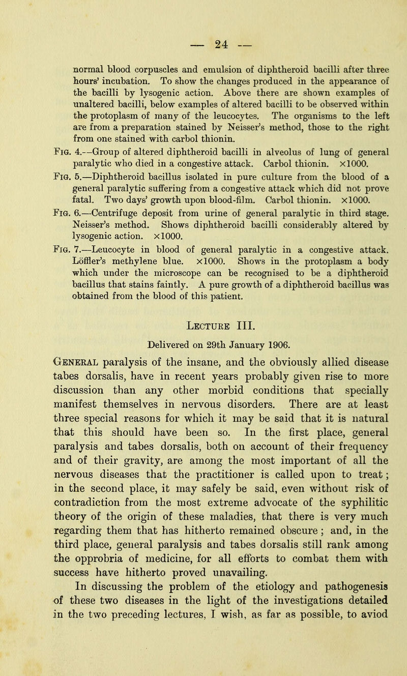normal blood corpuscles and emulsion of diphtheroid bacilli after three hours' incubation. To show the changes produced in the appearance of the bacilli by lysogenic action. Above there are shown examples of unaltered bacilli, below examples of altered bacilli to be observed within the protoplasm of many of the leucocytes. The organisms to the left are from a preparation stained by Neisser's method, those to the right from one stained with carbol thionin. Fig. 4.—Group of altered diphtheroid bacilli in alveolus of lung of general paralytic who died in a congestive attack. Carbol thionin. xlOOO. Fig. 5.—Diphtheroid bacillus isolated in pure culture from the blood of a general paralytic suffering from a congestive attack which did not prove fatal. Two days' growth upon blood-film. Carbol thionin. xlOOO. Fig. 6.—Centrifuge deposit from urine of general paralytic in third stage. Neisser's method. Shows diphtheroid bacilli considerably altered by lysogenic action. xlOOO. Fig. 7.—Leucocyte in blood of general paralytic in a congestive attack. Loffler's methylene blue. xlOOO. Shows in the protoplasm a body which under the microscope can be recognised to be a diphtheroid bacillus that stains faintly. A pure growth of a diphtheroid bacillus was obtained from the blood of this patient. Lectuke III. Delivered on 29th January 1906. General paralysis of the insane, and the obviously allied disease tabes dorsalis, have in recent years probably given rise to more discussion than any other morbid conditions that specially manifest themselves in nervous disorders. There are at least three special reasons for which it may be said that it is natural that this should have been so. In the first place, general paralysis and tabes dorsalis, both on account of their frequency and of their gravity, are among the most important of all the nervous diseases that the practitioner is called upon to treat; in the second place, it may safely be said, even without risk of contradiction from the most extreme advocate of the syphilitic theory of the origin of these maladies, that there is very much regarding them that has hitherto remained obscure; and, in the third place, general paralysis and tabes dorsalis still rank among the opprobria of medicine, for all efforts to combat them with success have hitherto proved unavailing. In discussing the problem of the etiology and pathogenesis of these two diseases in the light of the investigations detailed in the two preceding lectures, I wish, as far as possible, to aviod