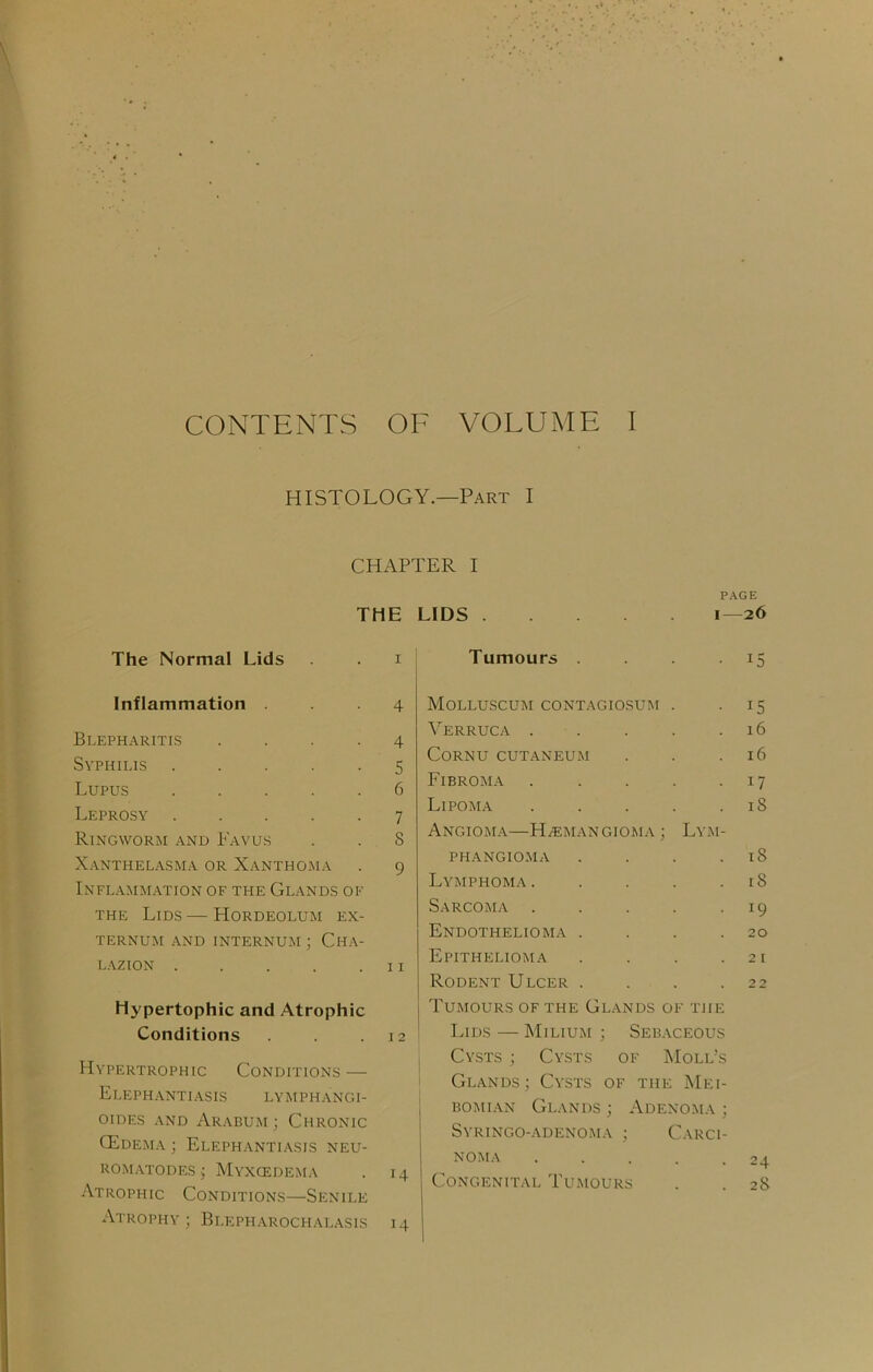 CONTENTS OF VOLUME I HISTOLOGY.—Part I CHAPTER I PAGE THE LIDS 1—26 The Normal Lids Tumours I Inflammation . Blepharitis .... Syphilis ..... Lupus ..... Leprosy Ringworm .and Favus X.ANTHEL.ASMA OR XaNTHOMA Inflamm.ation of THE Glands of THE Lids — Hordeolum ex- ternum .AND INTERNUM J CHA- LAZION ..... Hypertophic and Atrophic Conditions Hypertrophic Conditions — Elephanti.asis lymphangi- oiDES and Arabum; Chronic CEdema ; Elephanti.asis neu- ROM.ATODESJ MyXCEDEMA Atrophic Conditions—Senile Atrophy ; Blepharochalasis 4 4 5 6 7 S 9 11 12 14 14 Molluscum contagiosum ^’'ERRUCA . Cornu cutaneum Fibroma Lipoma Angioma—Haemangioma ; phangioma Lymphoma. Sarcoma . Lym- Endothelioma . . . . Epithelioma . . . . Rodent Ulcer . . . . Tumours of the Glands of the Lids — Milium ; Seb.aceous Cysts ; Cysts of Moll’s Glands; Cysts of the Mei- BOMi.AN Glands ; Adeno.m.a ; Syringo-adenoma ; Carci- NO.MA . . . . . Congenital Tumours I 1 I I I I I 1 2 o ^ N)«0'OCOCO CO^IOvOst-n Ui