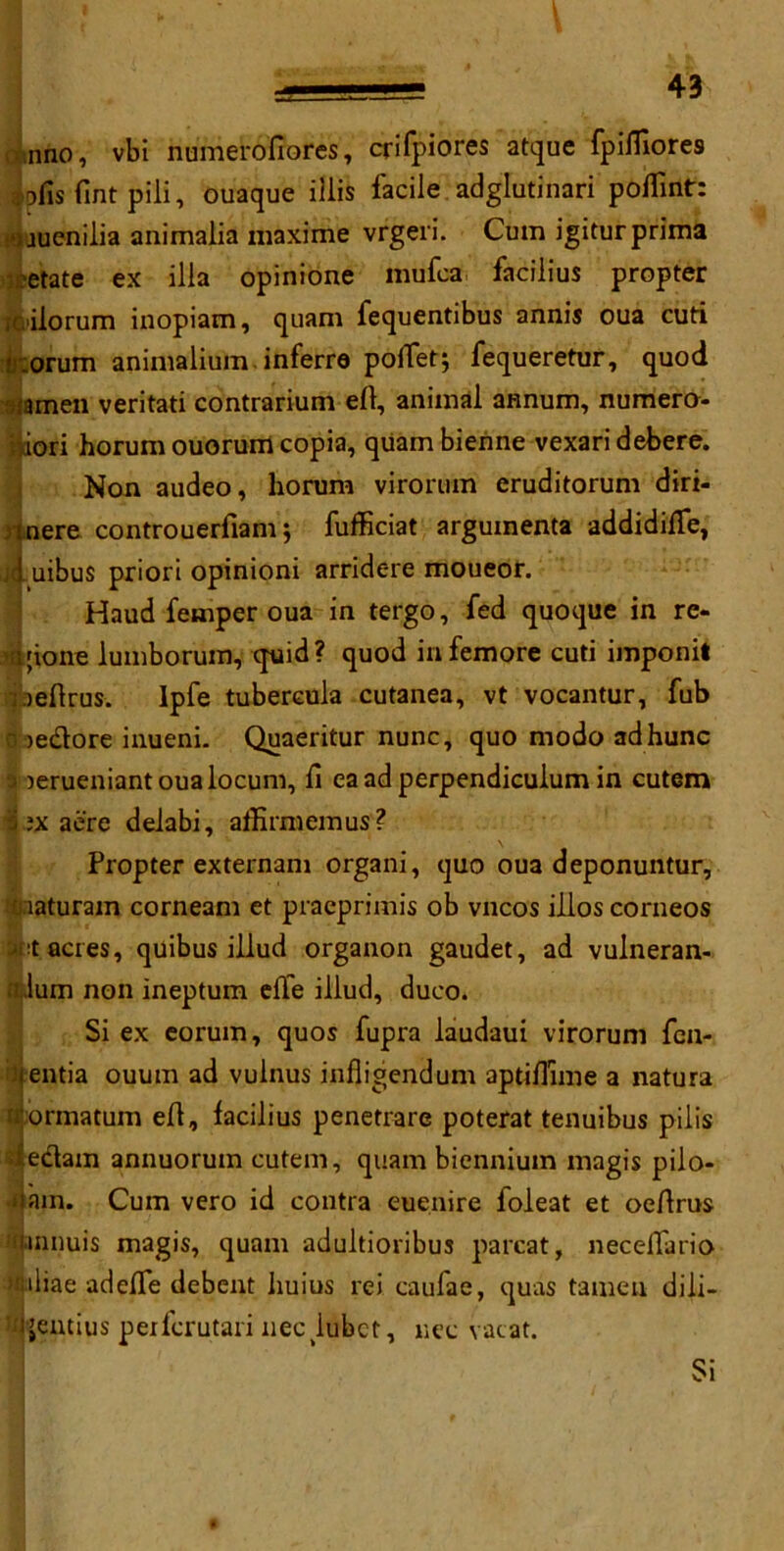 nno, vbi numerofiores, crifpiores atque fpifliores a ofis Tint pili, ouaque illis facile adglutinari poffint: >uuenilia animalia niaxime vrgeri. Cum igiturprima -etate ex ilia opinione mufca facilius propter iCiiiorum inopiam, quam fequentibus annis oua cuti t torum animalium inferre polTetj fequeretur, quod gjameii veritati contrarium ell, animal annum, numera- tion horumouorumcopia, quam bienne vexaridebere. Non audeo, horum virorum eruditorum diri- inere controuerfiam; fufficiat argumenta addidilfe, luibus priori opinioni arridere moueor. Haud femper oua in tergo, fed quoque in rc- a;ione lumborum, quid? quod infemore cuti imponil nellrus. Ipfe tubercula cutanea, vt vocantur, fub laedtore inueni. Quaeritur nunc, quo modo adhunc a lerueniant oua locum, 11 ea ad perpendiculum in cutem £ ix acre delabi, affirmemus? Propter externam organi, quo oua deponuntur, ti laturam corneam et praeprimis ob vncos illos corneos Sint acres, quibus illud organon gaudet, ad vulneran- ttlum non ineptum elfe illud, duco. Si ex eorum, quos fupra laudaui virorum fen- uentia ouum ad vuinus infligendum aptiflime a natura trormatum ell, facilius penetrare poterat tenuibus pilis aedtam annuoruin cutem, quam biennium magis pilo- •bam. Cum vero id contra euenire foleat et oellrus n.inuuis magis, quam adultioribus parcat, necelfario iliae adelfe debent liuius rei caufae, quas tamen dili- i’entius perfcrutari necjubet, nee vacat. Si