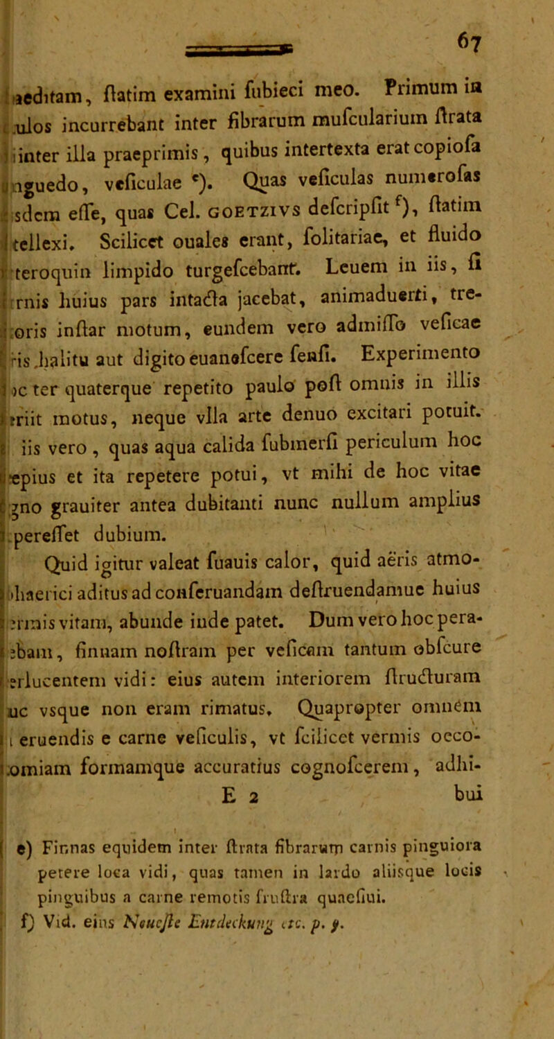 jeditam, flatim examini fubieci meo. Primum in . .ulos incurrebant Inter fibrarum mufculariuin ftrata j:inter ilia praeprimls , quibus intertexta eratcopiofa onguedo, veficulae e). Quas veficulas numerofas | sdcra eflfe, quas Cel. goetzivs defcripfit f), ftatim j tellexi. Scilicet ouales erant, folitariae, et fluido i teroquin limpido turgefcebant. Leuem in iis, 11 rnis liuius pars intadla jacebat, animaduerti, tre- oris inflar motum, eundem vero admiiTo veficae risjialitu aut digito euanafcere fenfi. Experimento 1 )c ter quaterque repetito paulo port omnis in illis Iiriit motus, neque vlla arte denuo excitari potuit. i iis vero , quas aqua calida fubmerfi periculum hoc •epius et ita repetere potui, vt mihi de hoc vitae gno grauiter antea dubitanti nunc nullum amplius pereiTet dubium. Quid igitur valeat fuauis calor, quid aeris atmo- ihaerici aditus ad coiiferuandam deftruendamue huius n mis vitani, abunde iude patet. Dum vero hoc pera- ;bam, finuam nofham per vefioun tantum obfcure jrlucentem vidi: eius autem interiorem flrudluram :uc vsque non eram rimatus. Quapropter omnem u eruendis e carne veficulis, vt fciiicet vermis oeco- .orniam formamque accuratius cognofcerem, adhi- E 2 bui e) Finn as equidem inter ftrnta fibrarwrn carnis pinguiora perere loca vidi, quas tainen in lardo aliisque loeis pinguibus a carne remotis fruftra quaefiui. f) Vid. eins Neucjle Entdeckung etc. p. <f.