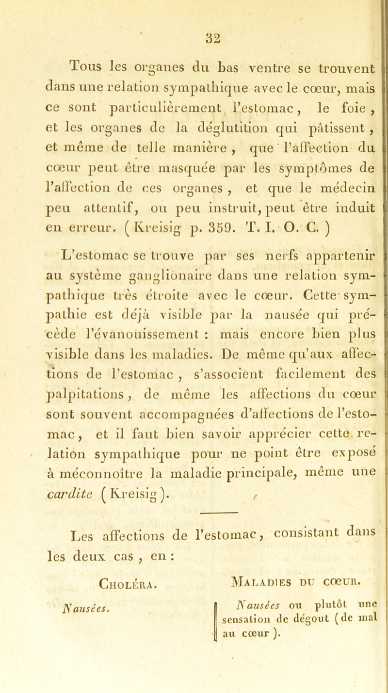 Tous les organes du bas ventre se trouvent dans une relation sympathique avec le cœur, mais ce sont particulièrement l’estomac, le foie, et les organes de la déglutition qui pâtissent , et même de telle manière, que l'affection du cœur peut être masquée par les symptômes de l’alfection de ces organes , et que le médecin peu attentif, ou peu instruit, peut être induit en erreur. ( Kreisig p. 359. T. I. O. C. ) L’estomac se trouve par ses nerfs appartenir au système gangliônaire dans une relation sym- pathique très étroite avec le cœur. Cette sym- pathie est déjà visible par la nausée qui pré- cède l’évanouissement : mais encore bien plus visible dans les maladies. De même qu’aux affec- tions de l'estomac , s’associent facilement des palpitations, de même les affections du cœur sont souvent accompagnées d’affections de l’esto- mac, et il faut bien savoir apprécier cette re- lation sympathique pour ne point être exposé à méconnoître la maladie principale, même une carclite f Kreisig). , Les affections de l’estomac, consistant dans les deux cas , en : Choléra. Maladies du cœuR. Nausées ou plutôt une sensation de dégoût (de mal au cœur ). Nausées.