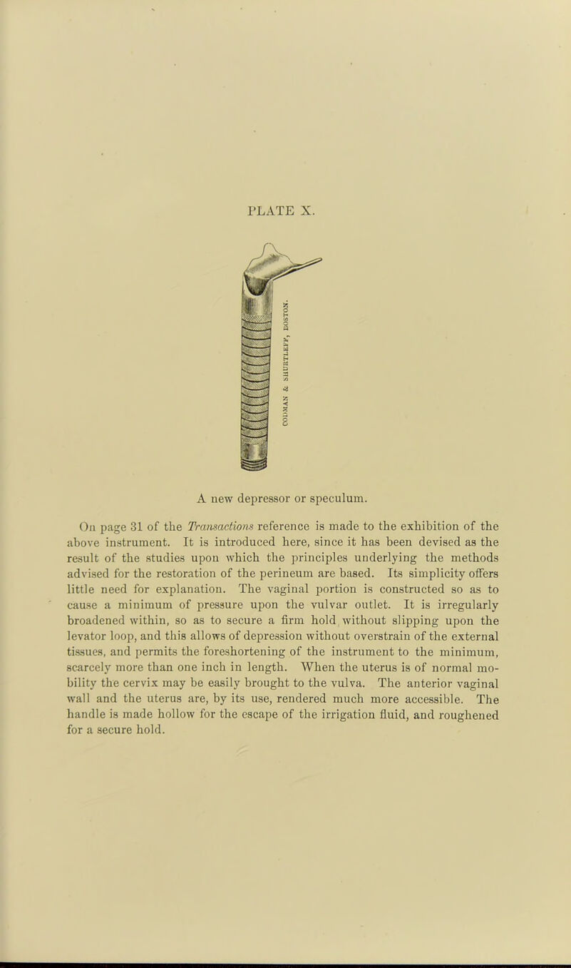 A new depressor or speculum. On page 31 of the Transactions reference is made to the exhibition of the above instrument. It is introduced here, since it has been devised as the result of the studies upon which the principles underlying the methods advised for the restoration of the perineum are based. Its simplicity offers little need for explanation. The vaginal portion is constructed so as to cause a minimum of pressure upon the vulvar outlet. It is irregularly broadened within, so as to secure a firm hold without slipping upon the levator loop, and this allows of depression without overstrain of the external tissues, and permits the foreshortening of the instrument to the minimum, scarcely more than one inch in length. When the uterus is of normal mo- bility the cervix may be easily brought to the vulva. The anterior vaginal wall and the uterus are, by its use, rendered much more accessible. The handle is made hollow for the escape of the irrigation fluid, and roughened for a secure hold.