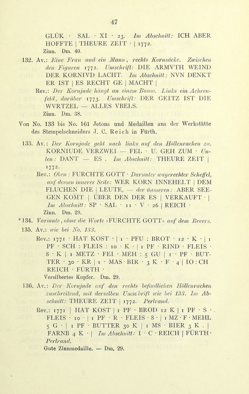 GLÜK ■ SAL • XI • 23. Im Abschnitt: ICH ABER HOFFTE | THEURE ZEIT • | 1772. Zinn. Dm. 40. 132. Av.: Eine Frau uncl ein Mann, rechts KornsäcJce. Zwischen den Figuren 1772. Umschrift: DIE ARMVTIT WEIND DER KORNIVD LACHT. Im Abschnitt: NVN DENKT ER IST | ES RECHT GE | MACHT | Rev.: Der Kornjude hängt an einem Baum. Links ein Aehren- feld, darüber 1773- Umschrift: DER GEITZ IST DIE WVRTZEL — ALLES YBELS. Zinn. Dm. 38. Von No. 133 bis No. 161 Jetons und Medaillen aus der Werkstätte des Stempelsclmeiders J. C. Reich in Fürth. 133. Av.: Der Kornjude geht nach links auf den Höllenrachen zu. KORNIUDE VERZWEI — FEL ■ U. GEH ZUM • Un- ten: DANT — ES . Im Abschnitt: THEURE ZEIT | 1772, Rev.: Oben : FURCHTE GOTT • Darunter wagerechter Scheffel, auf dessen innerer Seite: WER KORN INNEHELT | DEM FITJCHEN DIE | LEUTE, — der äusseren: ABER SEE- GEN KOMT | ÜBER DEN DER ES | VERKAUFT • | Im Abschnitt: SP • SAL • n • V • 26 | REICH • Zinn. Dm. 29. *134. Variante, ohne die Worte »FURCHTE GOTT« auf dem Bevers. 135. Av.: ivie bei No. 133. Rev.: 1771 • HAT KOST ■ | 1 ■ PFU : BROT ■ 12 • K • | 1 PF • SCH : FLEIS : xo • K ■ | 1 PF • RIND ■ FLEIS • 8 • K | 1 METZ • FEI • MEH : 5 GU j 1 ■ PF ■ BUT- TER ■ 30 • KR | 1 ■ MAS • BIR • 3 K • F • 4 | IO : CH REICH • FÜRTH • Versilbertes Kupfer. Dm. 29. 136. Av.: Der Kornjude auf den rechts befindlichen Höllenrachen zuschreitend, mit derselben Umschrift wie bei 133. Im Ab- schnitt: THEURE ZEIT | 1772. Perlrand. Rev.: 1771 ] HAT KOST | 1 PF ■ BROD 12 K | 1 PF ■ S • FLEIS • 10 • | 1 PF • R • FLEIS • 8 • | 1 MZ • F ■ MEHL 5 G • | 1 PF • BUTTER 30 K | 1 MS ■ BIER 3 K . | FARNB 4 K ■ | Im Abschnitt: I ■ C • REICH | FÜRTH1 Perlrand. Gute Zinnmedaille. — Dm. 29.