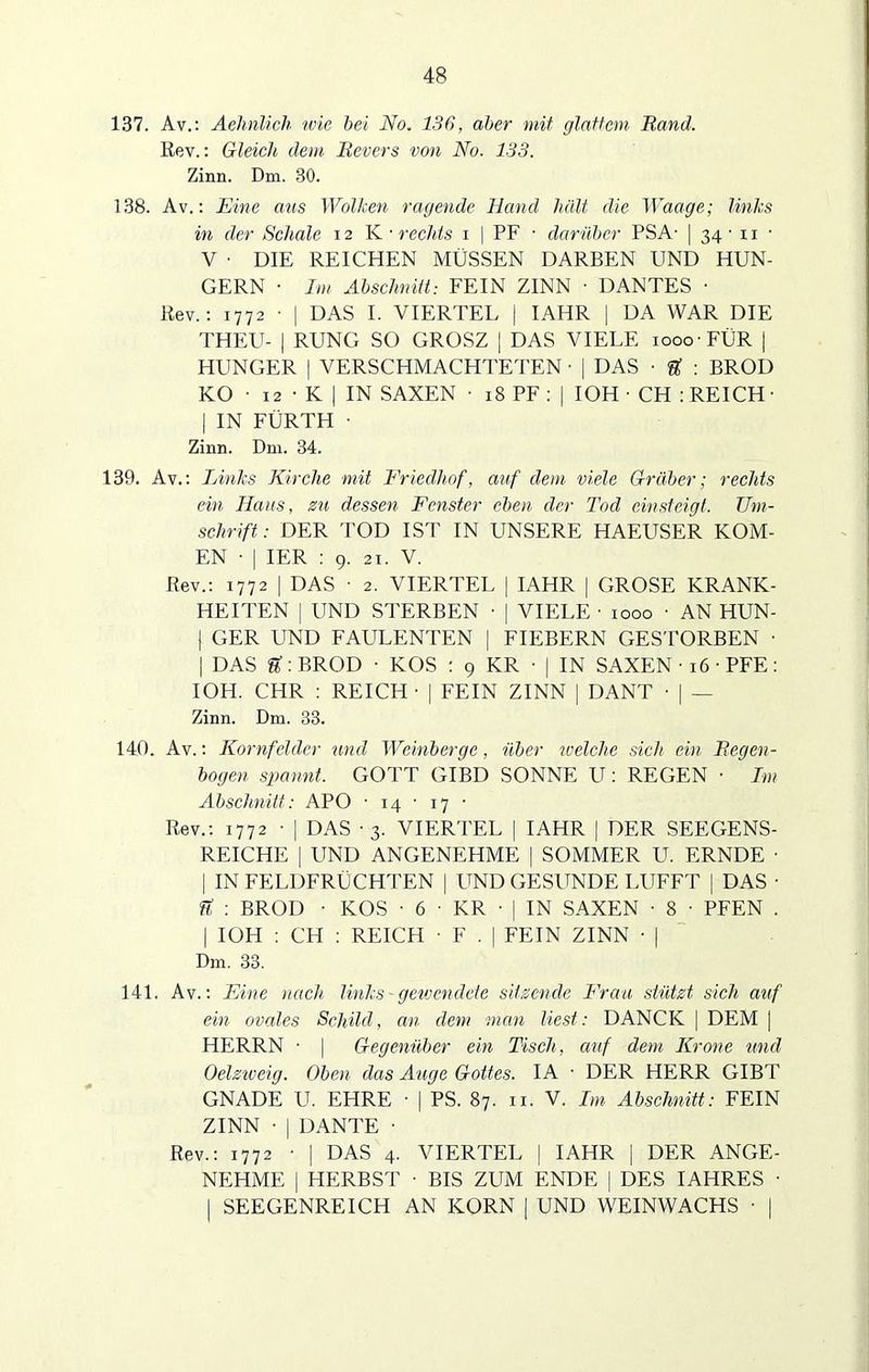 137. Av.: Aehnlich wie bei No. 136, aber mit glattem Band. Rev.: Gleich, dem Revers von No. 133. Zinn. Dm. 30. 138. Av.: Eine aus Wolken ragende Hand hält die Waage; links in der Schale 12 K ■rechts 1 | PF ■ darüber PSA- | 34- 11 • V • DIE REICHEN MÜSSEN DARBEN UND HUN- GERN • Im Abschnitt: FEIN ZINN ■ DANTES • Rev.: 1772 • | DAS I. VIERTEL | IAHR | DA WAR DIE THEU- | RUNG SO GROSZ | DAS VIELE 1000 FÜR | HUNGER | VERSCHMACHTETEN • | DAS • & : BROD KO • 12 • K | IN SAXEN • 18 PF : | IOH • CH : REICH- | IN FÜRTH • Zinn. Dm. 34. 139. Av.: Links Kirche mit Friedhof, auf dem viele Gräber; rechts ein Haus, zu dessen Fenster eben der Tod einsteigt. Um- schrift: DER TOD IST IN UNSERE HAEUSER KOM- EN • | IER : 9. 21. V. Rev.: 1772 | DAS ■ 2. VIERTEL j IAHR | GROSE KRANK- HEITEN | UND STERBEN • j VIELE • 1000 • AN HUN- | GER UND FAULENTEN | FIEBERN GESTORBEN • | DAS U: BROD • KOS : 9 KR • | IN SAXEN • 16 • PFE: IOH. CHR : REICH • | FEIN ZINN | DANT • | — Zinn. Dm. 33. 140. Av.: Kornfelder und Weinberge, über welche sich ein Regen- bogen spannt. GOTT GIBD SONNE U: REGEN • Im Abschnitt: APO ■ 14 • 17 • Rev.: 1772 • | DAS -3. VIERTEL | IAHR | DER SEEGENS- REICHE | UND ANGENEHME | SOMMER U. ERNDE • | IN FELDFRÜCHTEN | UND GESUNDE LUFFT | DAS • ft : BROD • KOS ■ 6 ■ KR • | IN SAXEN • 8 • PFEN . | IOH : CH : REICH • F . | FEIN ZINN • | Dm. 33. 141. Av.: Fine nach, links - gewendete sitzende Frau stützt sich auf ein ovales Schild, an dem man liest: DANCK | DEM | HERRN ■ | Gegenüber ein Tisch, auf dem Krone und Oelziveig. Oben das Auge Gottes. IA • DER HERR GIBT GNADE U. EHRE • | PS. 87. 11. V. Im Abschnitt: FEIN ZINN • | DANTE • Rev.: 1772 • | DAS 4. VIERTEL | IAHR | DER ANGE- NEHME | HERBST ■ BIS ZUM ENDE | DES IAHRES ■ | SEEGENREICH AN KORN [ UND WEINWACHS • |