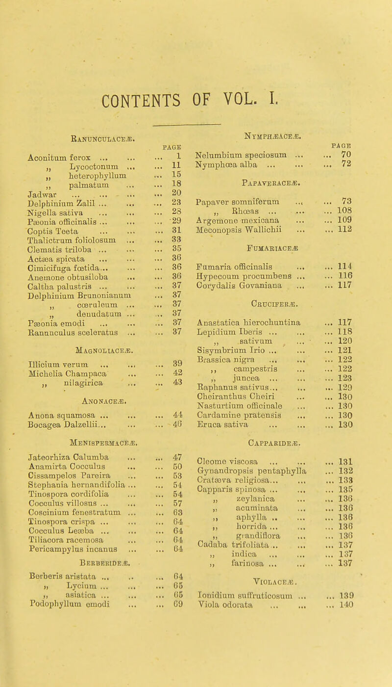 CONTENTS OF VOL. I. RaNUNCULACE/E. PAGE Aconitum ferox ... ... ... 1 „ Lycoctonum ... ... H „ heterophyllum ... 15 ,, palmatum ... ... 18 Jadwar ... ... ... ••• 20 Delphinium Zalil ... ... ... 23 Nigella sativa ... ... ... 28 Pasonia officinalis ... ... ... '29 Coptis Teeta ... ... ••• 31 Thalictrum foliolosum 33 Clematis triloba 35 Actsea spicata ... ... ... 36 Cimicifuga foetida... ... ... 36 Anemone obtusiloba ... ... 36 Caltlia palustris ... ... ... 37 Delphinium Brunonianum ... 37 „ coeruleum ... ... 37 „ deuudatum ... ... 37 Pseonia emodi ... ... ... 37 Ranunculus sceleratus ... ... 37 MAGNOLIACE/E. Illicium verum ... ... ... 39 Michelia Champaca ... ... 42 „ nilagirica ... ... 43 Anonacejj. Anoua squamosa ... ... ... 44 Bocagea Dalzellii... ... ... 46 Menispermace^e. Jateorhiza Calumba ... ... 47 Anamirta Cocculus ... ... 50 Cissampelos Pareira ... ... 53 Stephania hernandifolia ... ... 54 Tiuospora cordifolia ... ... 54 Cocculus villosus ... ... ... 57 Coscinium fenestratum ... ... 63 Tinospora crispa ... ... ... 64 Cocculus Lea)ba ... ... ... 64 Tiliacora racemosa ... ... 64 Poricampylus incanas ... ... 64 Berberide.e. Borberis aristafca ... .. ... 64 >> Lycium ... ... ... 65 >, asiatica ... ... ... 05 Podophyllum omodi 09 NYMPH/EACE.E. PAGE Nelumbinm speciosum ... ... 70 Nymphoea alba ... ... ... 72 PaPAVEKACE/E. Papaver somniferum ... ... 73 „ Rhceas 108 Argemone mexicana ... ... 109 Meconopsis Wallichii ... ... 112 FUMARIACE^E Fumaria officinalis ... ... 114 Hypecoum procumbens ... ... 116 Corydalis Govaniana ... ... 117 Ceuciper/e. Anaetatica hierochuntina ... 117 Lepidium Ibevis ... ... 118 ,, sativum ... 120 Sisymbrium Irio ... ... 121 Bi-assica nigra ... 122 ,, carnpestris ... 122 „ juncea ... ... 123 Raphanus sativus... ... 120 Cheiranthus Cbeiri ... 130 Nasturtium officinale ... 130 Cardamine pratensis ... 130 Eruca sativa ... 130 CAPPARIDE/E. Cleome viscosa ... 131 Gynandropsis pentaphylla ... 132 Crataiva religiosa... ... 133 Capparis spinosa ... ... 135 „ zeylanica ... 136 ,, acuminata ... 136 ,, aphylla .. ... 136 ,, horrida ... ... 136 ,, giaudiflora ... 136 Cadaba trifoliata .. ... 137 ,, indica ... 137 farinosa ... ... 137 VlOLACE*!. Ionidium sufl'ruticosum ... ... 139 Viola odorata ... 140