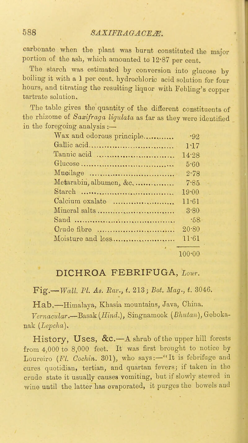 carbonate when the plant was burnt constituted the major portion of the ash, which amounted to 12*87 per cent. The starch was estimated by conversion into glucose by boiling it with a 1 per cent, hydrochloric acid solution for four hours, and titrating the resulting liquor with Fehling's copper tartrate solution. The table gives the quantity of the different constituents of the rhizome of Saxifraga ligulata as far as they were identified in the foregoing analysis s— Wax and odorous principle.............. -92 Gallic acid ]-17 Tannic acid 14-28 Glucose 5-60 Muoilage 2-78 Metarabin, albumen,. &c. 7*85. Starch 19-00 Calcium oxalate 11*61 Mineral salts 380 Sand -58 Crude fibre 20*80 Moisture and loss. 11-61 100-00 DICHRQA FEBRIFUGA, W. Fig.—Wall. PL As. Rar.y t. 213; Bot. Mag., t. 3046. Hab.—Himalaya, Khasia mountains, Java, China. Vernacular.—Basak(J3mcZ.), Singnamook (Bhutan), Geboka- nak (Lepcha)* History, Uses, &C.—A shrub of the upper hill forests from 4,000 to 8,000 feet. It was first brought to notice by Loureiro {Fl. Cochin. 301), who says:—It is febrifuge and cures quotidian, tertian, and quartan fevers; if taken in the crude state it usually causes vomiting, but if slowly stewed in wine until the latter has evaporated, it purges the bowels and