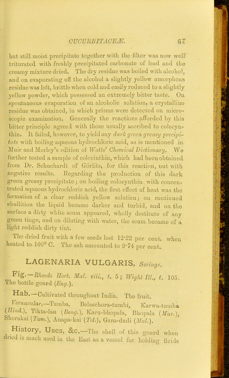 but still moist precipitate together with the filter was now well' triturated, with freshly precipitated carbonate of lead and the creamy mixture dried. The dry residue was boiled with alcohol, and on evaporating o2 the alcohol a slightly yeltow amorphous residue was feft^ brittle when cold aud easily reduced to a slightly yellow powder, which possessed an extremely bitter taste. On spontaneous- evaporation of an alcoholic solution, a crystalline residue was obtained, in which prisms were detected on micro- scopic examination. Generally the reactions aflPorded by this bitter principle agreed with those usually ascribed to colocyn- thin. It failed, however, to yield any dark green greasy 'pvecipi- idte with boiling aqueous hydrochloric acid, as is mentioned in Muir and Morley's edition of Watts' Chemical Dictionary. We further tested a sample of colocinthin, which had been obtained, from Dr. Schuchardt of Gorlitz, for this reaction, but with negative results. Regarding th© production of this dark green greasy precipitate ; on boiling colocyuthin with concen- trated aqueous hydrochloric acid, the first effect of heat was the formation of a clear reddish yellow solution; on continued ebullition the liquid became darker and turbid, aud on the surface a dirty white scum appeared, wholly destitute of any green tinge; and on diluting with water, the scum became of a. light reddish dirty tint. The dried fruit with a few seeds lost 12-22 per cent, when heated to-100° 0. The ash. amounted, to 9-74 per cent.. LAGENARIA VULGARIS, Seringe. Flg.—Bheede Eort. Mai. viiL, t.. 5; Wight III., t. 105. The bottle gourd [Eng.). Hab.—Cultivated throughout India. The fruit. Vernacular.—Tamha, Belaschora-tumbi, Karwa-tumba [Emd.), Tikta-lau. [Beng.), Karu-bhopala, Bhopala [Mar,), Shorakai (Tam.), Anapa-kai (Tel.), Gara-dudi (Mai.). History, Uses, &C.—The shell of this gourd when dried is much used in the East as a vessel for holding ll-jids