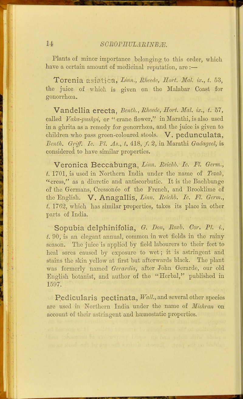 Plants of minor importance belonging to tliis order, whicli have a certain amount of medicinal reputation, are :— Torenia asiatica, Linn., Rkeecle, Hort. Mai. ix., t. 53, tlie juice of M'hicli is given on the Malabar Coast for gonorrboDa. Vandellia erecta, Benth., Rheede, Hort. Mai. ix., t. 57, called Valca-pushjn, or  crane flower, in Marathi, is also used in a gbrita as a remedy for gonorrhoea, and the juice is given to children who pass green-coloured stools. V. pedunculata, Benth. Griff. Ic. PI. As., t, 418, /. 2, in Marathi Gadagvel, is considered to have similar properties. Veronica Beccabunga, Linn. Reichb. Ic. Fl. Germ., t. 1701, is used in Northern India under the name of Tezali, cress, as a diuretic and antiscorbutic. It is the Bachbimge of the Germans, Cressonee of the French, and Brooklime of the English. V. Anagallis, Linn. Reichb. Ic. Fl. Germ., t. 1762, which has similar properties, takes its place in other parts of India, Sopubia delphinifolia, G. Bon, Roxl. Cor. Pi. i., t. 90, is an elegant annual, common in wet fields in the rainy- season. The juice is applied by field labourers to their feet to heal sores caused by exposure to wet; it is astringent and stains the skin yellow at first but afterwards black. The plant was formerly named Gerardia, after John Grerarde, our old English botanist, and author of the Herbal, published in 1597. Pedicularis pectinata, Wall., and several other species are used in Northern India under the name of Mishran on account of their astringent and hccmostatic properties.