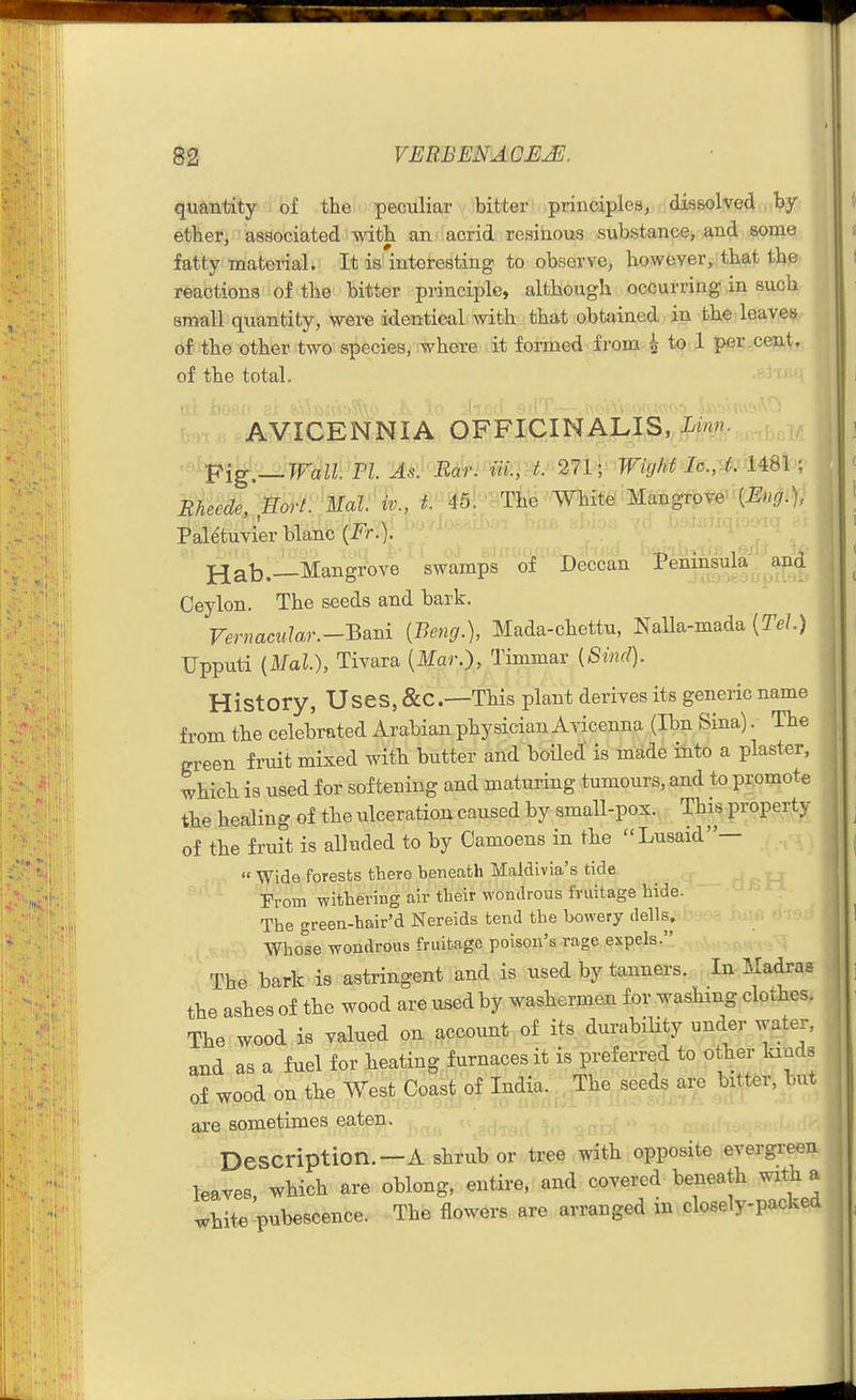 quantity of the peculiar bitter principles^ dissolved by ether, associated with an acrid resinous substance, and some fatty material. It is interesting to observe, however,:that the reactions of the bitter principle, although occurring in such small quantity, were identical with that obtained in the leaves of the other two species, where it formed from ^ to 1 per cent, of the total. AVICENNIA OFFICINALIS,,fZ^i>l«. '^^)^';LJwiiillVm. 'As-}-Bciri'Wr-^tJ^mi'- Wight ic.,^.'M81; Eheede, Eort. Mai. iv., t 451 The White Mangrove (i^^^/.), Paletuvier blanc {Fr,). jjab. Mangrove swamps of Deccan Peninsula and Ceylon. The seeds and bark. Vernamlar.--B2cm {Beng.), Mada-chettu, NaUa-mada {Tel.) Upputi (Mai), Tivara {Mar.), Timmar {Sind). History, Uses, &C.—This plant derives its generic name from the celebrated Arabian physician Avicenna (Ibn Sina). The green fruit mixed with butter and boileJ is made into a plaster, which is used for softening and maturing tumours, and to promote the healing of the iilceration caused by small-pox., This property of the fruit is alluded to by Camoens in the Lusaid—  Wide forests there beneath Maldivia's tide Prom withering air tlieir wondrous fruitage hide. The green-hair'd Nereids tend the bowery dells. Whose wondrous fruitage poison's rage expels. The bark is astringent and is used, by tanners. In Madras the ashes of the wood are used by washermen for washmg clothes. The wood is valued on account of its durability under water, and as a fuel for heating furnaces it is preferred to other kinds of wood on the West Coast of India. ' The seeds are bittfer, but are sometimes eaten. Description.—A shrub or tree with apposite evergreen leaves, which are oblong, entire, and covered beneath with a white pubescence. The flowers are arranged m closely-packed