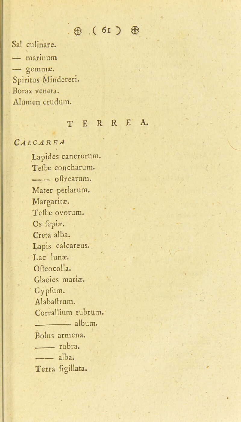 . © .( «0 8 Sal culinare. ■— m annum -— gemmx. . Spiritus Mindereri. Borax venera. Alumen crudum. T E R R E A. Calc are a Lapides cancrorum. Teftx concharum. —__ oflrearum. Mater perlarum. Margarita*. Teftx ovorum. \ ... Os fepix. Creta alba. Lapis calcareus. Lac lunx. Ofteocolla. Glacies marix. Gypfum. Alabaflrum. Corrallium iubrum. — album. Bolus armena. ✓ rubra. alba. Terra figillata.