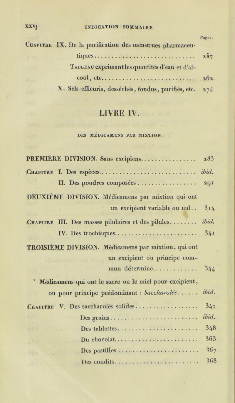 Pages. Chapitre IX. De la pui’ification des menstrues pharmaceu- tiques 2 B y Tableau exprimant les quantités d’eau et d’al- cool, etc 262 X, Sels effleuris, desséchés, fondus, purifiés, etc. 274 LIVRE IV. UES MÉDICAMENS PAR MIXTION. PREMIÈRE DIVISION. Sans excipiens Chapitre I. Des espèces ibid, II. Des poudres composées 291 DEUXIÈME DIVISION. Médicamens par mixtion qui ont un excipient variable ou nul. . 314 Chapitre III. Des masses pilulaires et des pilules ibid. IV. Des trochisques 341 TROISIÈME DIVISION. Médicamens par mixtion, qui ont un excipient ou principe com- mun déterminé 344 * Médicamens qui ont le sucre ou le miel pour excipient, ou pour principe prédominant : Saccharolés ibid. Chapitre V. Des saccharolés solides 34? Des grains ibid. Des tablettes 348 Du chocolat 363 Des pastilles 367 Des condits 368