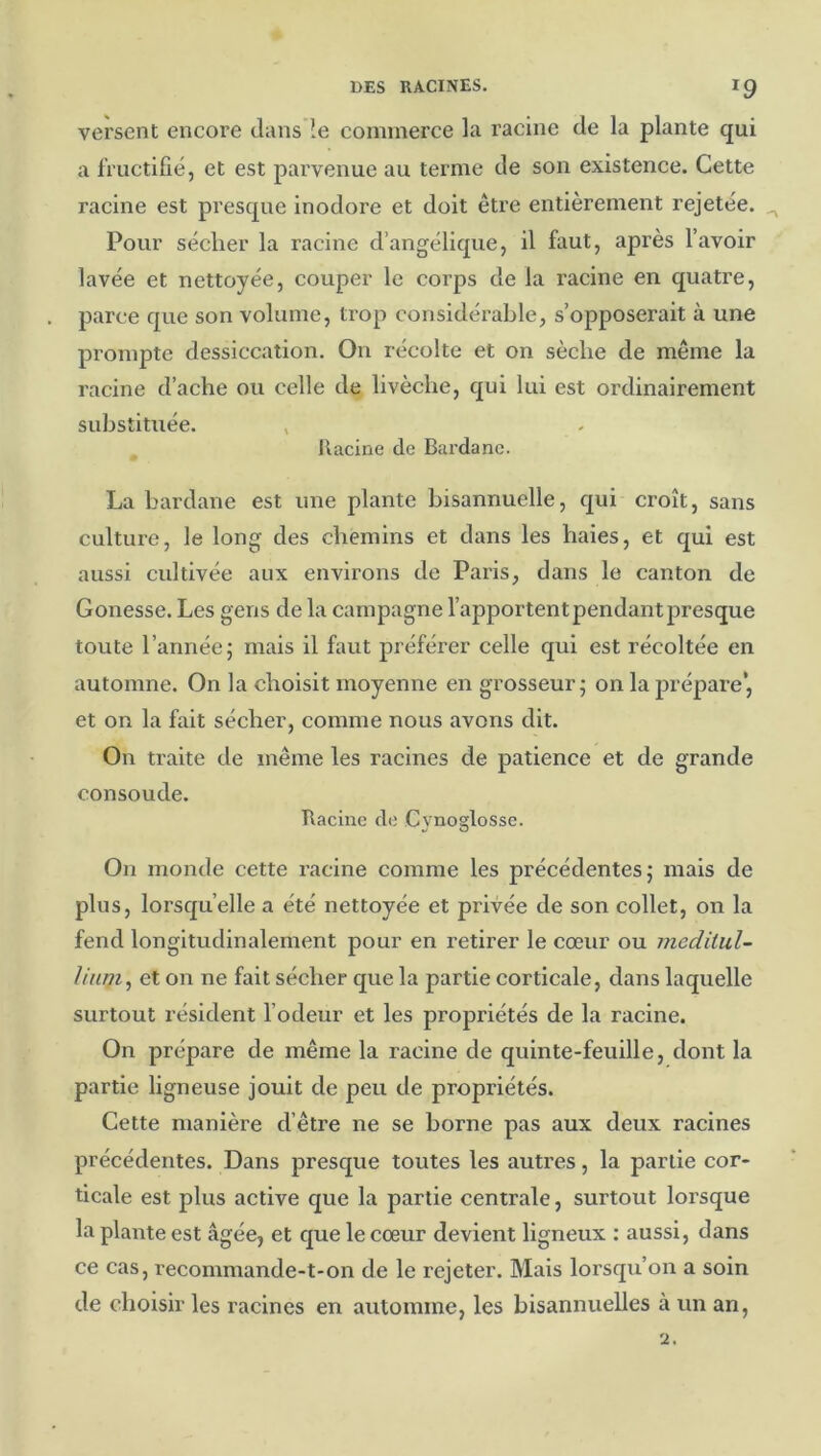 versent encore dans !e commerce la racine de la plante qui a fructifié, et est parvenue au terme de son existence. Cette racine est presque inodore et doit être entièrement rejetée. ^ Pour sécher la racine d’angélique, il faut, après l’avoir lavée et nettoyée, couper le corps de la racine en quatre, parce que son volume, trop considérable, s’opposerait à une prompte dessiccation. On récolte et on sèche de même la racine d’ache ou celle de livèche, qui lui est ordinairement substituée. , Racine de Bardane. La bardane est une plante bisannuelle, qui croît, sans culture, le long des chemins et dans les haies, et qui est aussi cultivée aux envii'ons de Paris, dans le canton de Gonesse. Les gens de la campagne l’apportent pendant presque toute l’année; mais il faut préférer celle qui est récoltée en automne. On la choisit moyenne en grosseur; on la prépare’, et on la fait sécher, comme nous avons dit. On traite de même les racines de patience et de grande consoude. Racine de Cynoglosse. On monde cette racine comme les précédentes; mais de plus, lorsqu’elle a été nettoyée et privée de son collet, on la fend longitudinalement pour en retirer le cœur ou mcdilul- îinrfi, et on ne fait sécher que la partie corticale, dans laquelle surtout résident l’odeur et les propriétés de la racine. On prépare de même la racine de quinte-feuille, dont la partie ligneuse jouit de peu de propriétés. Cette manière d’être ne se borne pas aux deux racines précédentes. Dans presque toutes les autres, la partie cor- ticale est plus active cjue la partie centrale, surtout loi’sque la plante est âgée, et que le cœur devient ligneux : aussi, dans ce cas, recommande-t-on de le rejeter. Mais lorsqu’on a soin de choisir les racines en automme, les bisannuelles à un an.