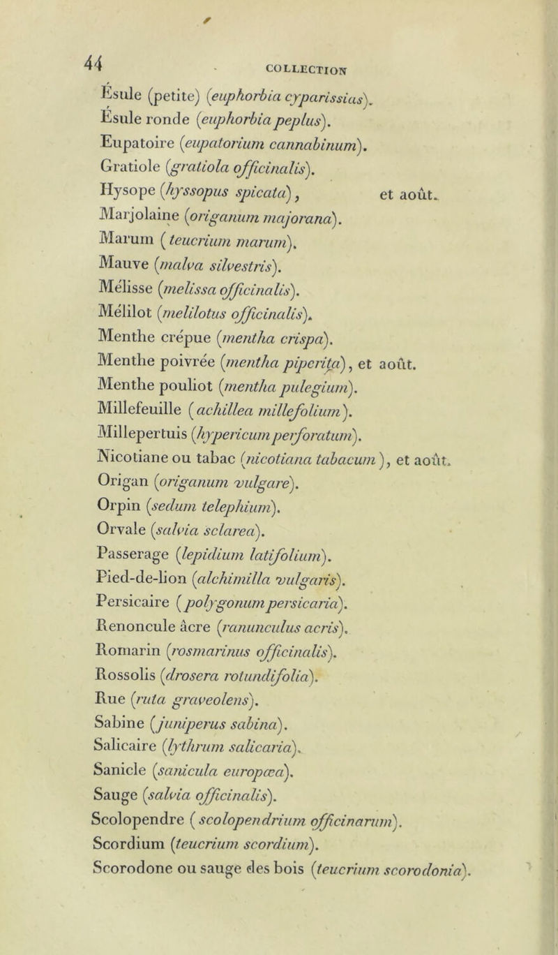 Ksule (petite) (eupkorbia cyparissias), Esule ronde (euphorbiapeplus). Eupatoire (eiipafon'um cannabinum). Gratiole {graüola officinalis). Hysope (Iifssopus spicata), et août. Marjolaine {onganum inajorana). Mai'uin ( teucriiim manim). Mauve {inalva silvestris). Melisse {pielissa officinalis). Mélilot {jnelilotus qffcinalis). Menthe crépue (inejitha crispa). Menthe poivrée {mentha pipcrita)^ et août. Menthe pouliot {inentha pulegium). Millefeuille fchillea millefolium). Millepertuis (Jiypericumperforatuiri). Nicotiane ou tabac (piicotiana tabacuni)y et août. Origan {origanum 'vulgare). Orpin (sedum telephiuni). Orvale {sahia sclarea). Passerage {lepidium latifolium). Pied-de-lion {alchimilla ’vulgaris). Persicaire {^polygonumpersicaria). Renoncule âcre {ixmanculus acris). Romarin (j'osmaiiniis officinalis). Rossolis {drosera rotundifolid). Rue fuia grcweolens). Sabine [junipems sabina). Salicaire {lythnim sali caria). Sanicle (sanicula europœci). Sauge {sahia officinalis). Scolopendre fcolopendrium qfftcinarnm). Scordium [teucriwn scoi'dium). Scorodone ou sauge des bois {teucrlnm scorodonia).