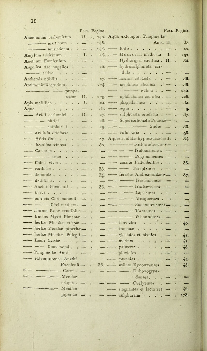 I! Pars. P, Aiiiuioniuin caibonicuin . IT. . ^ inartialum . . — muriaticum . . — . Anetluim Foeniculum . . — Angelica Archangelica . . — sativa .... — Anthemis nobilis .... — AjUiinouiulu 'i^ruduui... — ratum II. Apis mellifica I. Aqua — Acidi carbonici . . II. — sulpliurici . . — acidula artefacta . . — • Aeris fixi .... — betulina vinosa . . — —— Calcarias ustas ... — — Calcis vivas .... — — cardiaca — depurata — destillata — —— Anethi Foeniculi . . — Carvi — corticis Citri aurantii. — —— Citri medicas . — —'— florum Piosffi centifolias — —— fructus Myrti Piment.e — —— herbas Menthas crispas — —— herbas Mentli® piperitte— —— herbas Mentliae Pulegii — —— Lauri Cassias . . . — Cinnamomi . . — Pimpinellas Anisi . . — ““— exteniporanea Anethi Foeniculi — ' Carvi . — ' =■ Menthas crispae . — L piperitte — igina. Pars. Pagina. 240. Ac]ua extempor. Pimpinellte 148. Anisi II,, . 33. 144. fortis — IO. 24. Hiissonii medicata I. 292. — Hydrargyri caustica . II. 35. a5. hydrosulphurata aci- — tlula — . 27. marina artefacta . . — . 36. 274. mephitica alealina . — . 38. ralina . » — . 245. 2/9- ophthalmica ccerulea . — . 226. 2S. phagedaenica ... — . 35. 3i. regia — . 9- 27. sulphurata artefacta . — . 3/. 28. SupercarbonatisPotassas— . — 29- Sodas — . 33. — vulneraria — . 98. 27. Aquas acidulas hypocaucase» I. . 34. 3o. K isiowodscenses— . — — — Pogroinnenses — . —— amatas Pattenhoffias . — . 36. 33. Sareptenses . — . — 34. ferratas Andreapolitanas — 37. — Kaschinenses — . — 3G. Kort.seveiises — — Lipsienses . — . — — Mosquenses . — . — —— Simeonovienses— . — Twerenses . — _ — WisoKoenses . — . — fluviales ....— . 4o. — fontanas . — glaciales et nivales . — . 41. — marinae — . 42. — palustres — , 43. — pluviales — . — puteales — . 44* 33. ialia» Bycowcenses — . 45. — Dubovogiya- denses. . . — . — — • Orelyense». . ~ . — stagnantes et lacustre» — * 46. sulphuratas . . . — . 373.