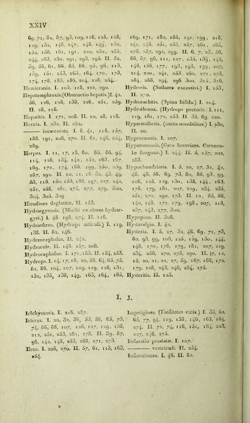Gg, 71) Sa, 87, 93,109,116, ia5, 1 aS, 129, i3a, i4-6, 147, 148, i4q, i5o, 15a, 158, 181, igi, 220, a3o, a35, 2.44, 263, 280, 291, 293, 295. II. 3a, 09, 58, 61, 66, 85, 86, q5, 96, ii3, 109, i5i, 153, I Co, 104. i/o, 1/3, 174, 178, 183, 185, 2i4, aa8, 254- Hemicrania. I. io3, 118, 222, ago. Hepatempliraxis.(Obstructio hepatis.)!. 42. 56, 126, 128, 138, 226, a5i, 25g. n. 28, ri8. Hepatitis. I. 171, 208. II. 10, 28, no. Hernia. I. 282. II. 282. iiicai cerata. I. 8, 4i> n3) 187, 188, 191, 2oG, 270. II. 61, 148, 254, 289. Herjjes. I. ii, 17, 10, Co, G5, 86, 94. 114, 128, i34, i4^i 1^2. »83, 167. 169, 172, 174. 188. rgg, a5o, a.'ig, 287, 292. II. lo, II, 16, 3a, 43. 4g> 53, 118, i5o, i53, 186, 197, 227, 242, 25i, a58, 261. 275, 277, 279, 000, 3o4, 3o5, 3og. Hirudines deglutitie. II. i53. Bydrargyrosis. (Morbi ex almsu hydrar- gyii.) I. 48 198, 274. II. 116. Hydrarthrus. (Hydrops articuli.) I. iig, 138. II. 82, 146. Ilydrcncephalus. II. 24.2. Hydrocele. II. i4-8. i5y, 206. Hydrocephalus. I. 171, i83. II. i54, 253. Hydrops. I. i4. 17. 18, 20, 56, 64., 65, 70, 82, 86, io4> 107, log, ng, 126, i3i, iSa, i35, a38, i4g, i63, 164, i65, l6y, 171, l3o, 188, 191, igg, 210, 241, 2.|8, a5i, 253, 257, 261 , a65, 278, 207, 292, 299. II. 6, 7, 23, 56, 86, 87, 96, ni, 127, 135, i3g, i4.5, 14-8, 156, 177, ig3, igd, 199, 207, 2i4, 220, 241, 253. 260, 271, 273, 284, 288, 2g4, 296, 3oo, 3i5, 316. Hydrosis. (Sudore* excessivi.) I. i53, II. 2;o. Hydrorachitis. (Spina bifida.) I. 214. Hydrothorax. (Hydrops pectoris. I. in, 119, 161, 172, 253. II. 38. 6g, 220. Hy])erfBsthcsia. (aucta seusibilitas.) I. 23o, II. 20. Hyperemesis. I. 207. Hyiiersaroosis. (Caro luxurians. Caruncu- las fungosae.) I. 244* II- 5, 157, 202, 283. liypoch.ondriasis. I. 5, 20, 27, 32, 4.2.» 4.6, 43, 56, 69, 73, 8t), 88, g3, gg, 106, 125, 129, i3o, i38, 144. i63, 178, 179, 181, 207, 229, 234. 235, 25i, 270, 290, 273. II. 12, 85, 86, i4o, 148, 172. 179, 198, 207, 218, 287, 24.3, 277, 3oo. Hypopion. II. 3o8. Hy.steralgia. I. 42- Hysteria. I. 5, 27, 32, 46, 69, 71, 73, 80, g3, 99, loG, i25, 129, i3o, i44, 14.8, 170, 178, 179, 181, 207, 229, 234, a5G, 270, 273, 290. II. 17, 12, 15, 20, 21, 22, 27, 5g, 167, 168, 172, 179, 228, 243, 246, 204) 275. Hysteritis. II. 128. I. J. Ichthyotosis. I. 216, 287. Icterus. I. 20, 32, 36j 5a, 56, 65, 78, 74, 86, 88, 107, 126, 127, 129, i38, 212, 25i, 253, 261, 278. II. Sg, 87, 96, 142, 148, 253, 268, 271, 278. Ileus, I. 206, 270. II. 57, Gi, ii3, i63, *64- Impetlgines. (Foeditates culij.) I. 35, 5o, 65, 77, g4-. 119» 133, 146, 163, 164, 2/4- II. 72, 74, I 16, l5l, 164, 22.3, 227, 2)6, 275. Induratio prostata;. I. 107.' ventriculi. II. 254. Iiidurationes. I. 4-6. II. 82.-