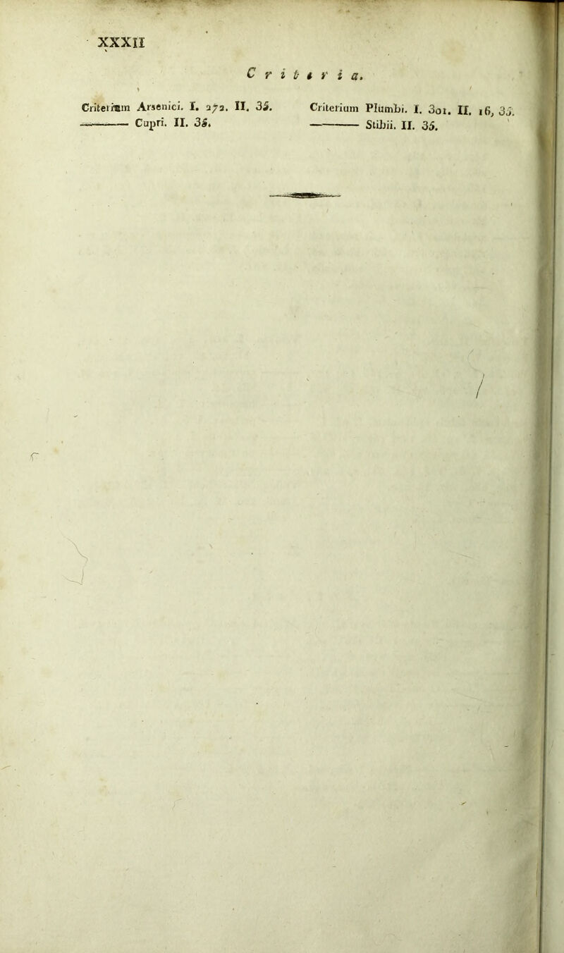 C r i t‘ i i' i a. Ciiteimin Arsenici. I. a/a. II. 35. — Cupri. II. 31. Criterium Plumbi. I. 3oi. II, 3J. Stibii. II. 35. r