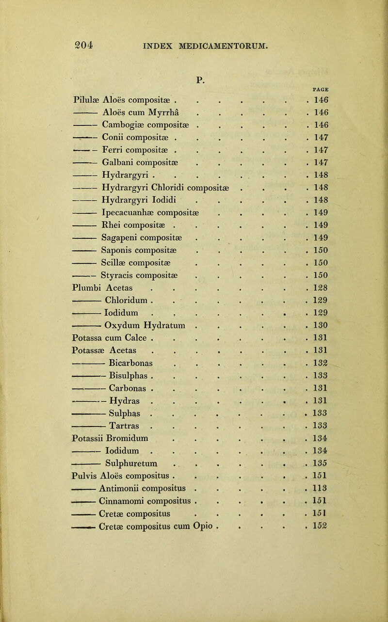 P. FAGE Pilulae Aloes compositae . . 146 Aloes cum Myrrha . 146 Cambogiae compositae . . 146 —r—— Conii compositae . . 147 — — Ferri compositae . . 147 Galbani compositae . 147 Hydrargyri .... . 148 Hydrargyri Chloridi compositae . 148 Hydrargyri lodidi . 148 Ipecacuanhae compositae . 149 Rhei compositae . . 149 Sagapeni compositae . 149 Saponis compositae . 150 Scillae compositae . 150 ■ Styracis composite . 150 Plumbi Acetas .... . 128 Chloridum . . . . 129 lodidum .... . 129 Oxydum Hydratum . . 130 Potassa cum Calce .... . 131 Potassae Acetas .... . 131 Bicarbonas . 132 Bisulphas .... . 133 Carbonas .... . 131 Hydras .... . 131 Sulphas .... . 133 Tartras .... . 133 Potassii Bromidum . 134 lodidum .... . 134 Sulphuretum . 135 Pulvis Aloes compositus . . 151 . ■■ ■■ Antimonii compositus . . 113 ■ ■ Cinnamomi compositus . . . 151 Cretae compositus . . 151 Cretae compositus cum Opio . • . 152