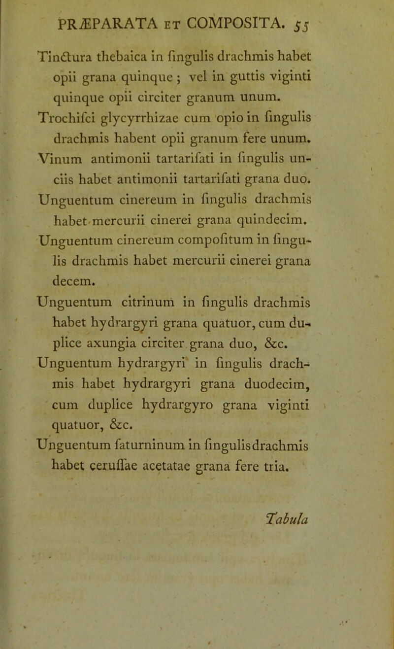 Tindtura thebaica in fingulis drachmis habet opii grana quinque ; vcl in guttis viginti quinque opii circiter granum unum. Trochifci glycyrrhizae cum opio in fingulis drachmis habent opii granum fere unum. Vinum antimonii tartarifati in fingulis un- ciis habet antimonii tartarifati grana duo. Unguentum cinereum in fingulis drachmis habet mercurii cinerei grana quindecim. Unguentum cinereum compofitum in lingu- lis drachmis habet mercurii cinerei grana decern. Unguentum citrinum in fingulis drachmis habet hydrargyri grana quatuor, cum du- plice axungia circiter grana duo, &c. Unguentum hydrargyri in fingulis drach- mis habet hydrargyri grana duodecim, cum duplice hydrargyro grana viginti quatuor, &c. Unguentum faturninum in fingulis drachmis habet ceruflae acetatae grana fere tria.