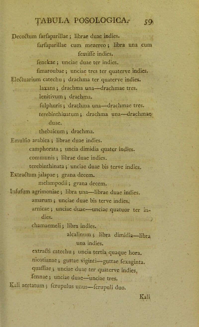 Decoftum farfaparillae; librae duae indies. farfaparillae cum mezereo; libra una cum femiffe indies. fenekae ; unciae duae ter indies, fimaroubae; unciae tres ter quaterve indies. Electuarium catechu ; drachma ter quaterve indies. laxans ; drachma una—drachmae tres. lenitivum; drachma, fulphuris ; drachma una—drachmae tres. terebinthinatum; drachma una—drachmaq duae. thebaicum; drachma. Emulfio arabica ; librae duae indies. camphorata ; uncia dimidia quater indies, communis ; librae duae indies, terebinthinata ; unciae duae bis terve indies. Extraftum jalapae ; grana decem. melampodii; grana decem. Infufum agrimoniae; libra una—librae duae indies, amarum ; unciae duae bis terve indies, arnicae ; unciae duae—unciae quatuor ter in- dies. , chamaemeli; libra indies. alcalinum ; libra dimidia—libra una indies. extrafti catechu ; uncia tertia quaque hora. nicotianae ; guttae viginti—guttae fexaginta. quaffiae ; unciae duae ter quaterve indies, fennae; unciae duae—unciae tres. Kali acetatum ; Icrupulus unus—ferupuli duo. Kali