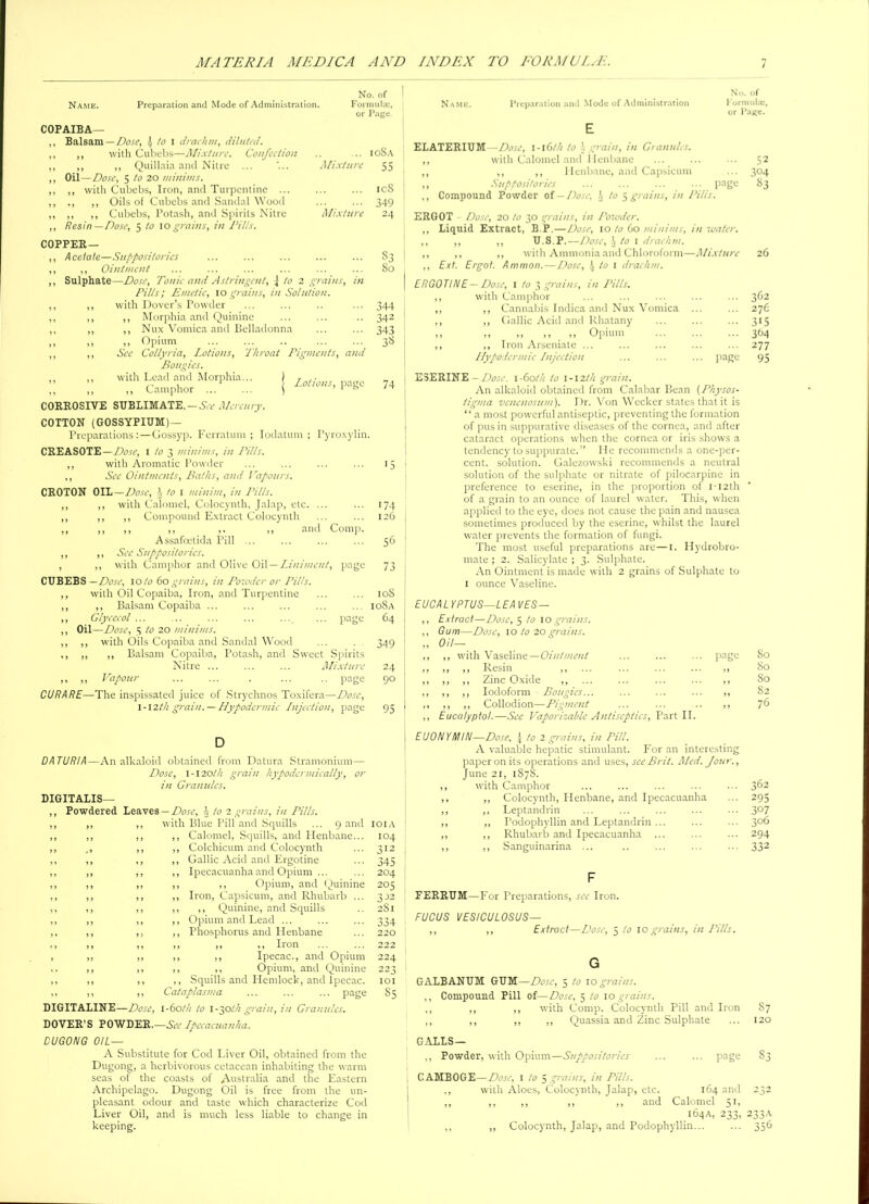 Name. Preparation and Mode of Administration. No. of Formula;, or Page. Mixture Mixture COPAIBA— ,, Balsam—Dose, 4 to i drachm, diluted. ,, ,, with Cubebs—Mixture. Confection ,, ,, ,, Quillaia and Nitre ... ,, Oil—Dose, 5 to 20 minims. ,, ,, with Cubebs, Iron, and Turpentine ... ,, ., ,, Oils of Cubebs and Sandal Wood ,, ,, ,, Cubebs, Potash, and Spirits Nitre ,, Resin —Dose, 5 to 10 grains, in Pills. COPPER— ,, Acetate—Suppositories ,, „ Ointment ,, Sulphate—Dose, Tonic and Astringent, \ to 2 grains, in Pills; Emetic, 10grains, in Solution. ,, ,, with Dover’s Powder ,, ,, ,, Morphia and Quinine ,, ,, ,, Nux Vomica and Belladonna ,, ,, ,, Opium ,, ,, See Collyria, Lotions, Throat Pigments, and Bougies. ,, ,, with Lead and Morphia... ,, ,, ,, Camphor ... CORROSIVE SUBLIMATE. — See Mercury. COTTON (GOSSYPIUM) — Preparations :—Gossyp. Ferratum ; Iodalum ; Pyroxylin. CREASOTE—Dose, 1 to 3 minims, in Pills. ,, with Aromatic Powder ,, See Ointments, Baths, and Vapours. CROTON OIL—Dose, A to 1 minim, in Pills. ,, ,, with Calomel, Colocynth, Jalap, etc. ... ,, ,, ,, Compound Extract Colocynth ,, ,, ,, ,, ,, ,, and Assafoelida Pill ... ,, ,, See Suppositories. , ,, with Camphor and Olive Oil—Liniment, page CUBEBS —Dose, 10 to 60 grains, in Powder or Pills. ,, with Oil Copaiba, Iron, and Turpentine ,, ,, Balsam Copaiba ... ,, Glycccol ... ... ... ... ... ... page ,, Oil—Dose, 5 to 20 minims. ,, ,, with Oils Copaiba and Sandal Wood ,, ,, ,, Balsam Copaiba, Potash, and Sweet Spirits Nitre ... ... ... Mixture ,, ,, Vapour ... ... . ... .. page CURARE—The inspissated juice of Strychnos Toxifera—Dose, \-\2th grain. — Hypodermic Injection, page ioSa 55 icS 349 24 S3 So 344 34 2 343 38 Lotions, page 74 15 Comp 174 126 56 73 10S ioSa 64 349 24 90 95 D DATURIA—An alkaloid obtained from Datura Stramonium— Dose, I-I20til grain hypodermically, or in Granules. DIGITALIS— ,, Powdered Leaves— Dose, A to 2 grains, in Pills. ,, ,, ,, with Blue Pill and Squills ... 9 and ioia J» 1 f f y ,, Calomel, Squills, and Henbane... 104 i f y y ,, Colcliicum and Colocynth 312 If y y ,, Gallic Acid and Ergotine 345 J1 ff y f ,, Ipecacuanha and Opium ... 204 i} J t yy ,, ,, Opium, and Quinine 205 } J 1 f f t ,, Iron, Capsicum, and Rhubarb ... 3*2 1 f y y ,, ,, Quinine, and Squills 2S1 ,, t f y y ,, Opium and Lead ... 334 ,, f f f f ,, Phosphorus and Henbane 220 f f y y ,, ,, ,, Iron 222 , ff yy ,, ,, Ipecac., and Opium 224 f f y f ,, ,, Opium, and Quinine 223 ,, f f y y ,, Squills and Hemlock, and Ipecac. 101 DIGITALINE- y y —Dose, Cataplasma ... ... ... page 1-60/// to 1-30til grain, in Granules. §5 DOVER’S POWDER.—See Ipecacuanha. DUGONG OIL— A Substitute for Cod Liver Oil, obtained from the Dugong, a herbivorous cetacean inhabiting the warm seas of the coasts of Australia and the Eastern Archipelago. Dugong Oil is free from the un- pleasant odour and taste which characterize Cod Liver Oil, and is much less liable to change in keeping. Name. Preparation and Mode of Administration E No. of Formula:, or 1’agc. ELATERIUM -Dose, 1-16/h to 1, grain, in Granules. ,, with Calomel and Henbane ... ... ... 52 ,, ,, ,, Henbane, and Capsicum ... 304 ,, Suppositories ... ... ... ... page 83 ,, Compound Powder of — Dose, A to 5 grains, in Pills. ERGOT Dose, 20 to 30 grains, in Pcnuder. ,, Liquid Extract, B.P.—Dose, 10 to 60 minims, in water. ,, ,, ,, U.S.P.—Dose, A to 1 drachm. ,, ,, ,, with Ammonia and Chloroform—Mixture 26 ,, Ext. Ergot. Ammon.—Dose, 4 to 1 drachm. ERGOT!NE — Dose, 1 to 3 grains, in Pills. ,, with Camphor ... ... ... ... ... 362 ,, ,, Cannabis Indica and Nux Vomica ... ... 276 ,, ,, Gallic Acid and Khatany ... ... ... 315 ,, ,, ,, ,, ,, Opium 364 ,, ,, Iron Arseniate ... ... ... ... ... 277 Hypodermic Injection ... ... ... page 95 ESERINE - Dose. \-Goth to 1 -12th grain. An alkaloid obtained from Calabar Bean (Physos- tigma venenosum). Dr. Von Wecker states that it is “ a most powerful antiseptic, preventing the formation of pus in suppurative diseases of the cornea, and after cataract operations when the cornea or iris shows a tendency to suppurate.” He recommends a one-per- cent. solution. Galezowski recommends a neutral solution of the sulphate or nitrate of pilocarpine in preference to eserine, in the proportion of 1 -12th of a grain to an ounce of laurel water. This, when applied to the eye, does not cause the pain and nausea sometimes produced by the eserine, whilst the laurel water prevents the formation of fungi. The most useful preparations are—1. Ilydrobro- mate ; 2. Salicylate ; 3. Sulphate. An Ointment is made with 2 grains of Sulphate to 1 ounce Vaseline. EUCALYPTUS—LEA VES — ,, Extract—Dose, 5 to 10 grains. ,, Gum—Dose, \o to 20 grains. „ Oil— ,, with Vaseline—Ointment page So ,, ,, Resin ,, ... ... yy So ,, ,, Zinc Oxide ,, ... ... yy So ,, ,, Iodoform Bougies... ... ... yy 82 ,, ,, Collodion—Pigment . . yy 76 y y y y y y V/U11UU1U11 / l J '/It III • • . • • • • ,, Eucalyptol.—See Vaporizable Antiseptics, Part II. EUONYMIN—Dose, J to 2 grains, in Pill. A valuable hepatic stimulant. For an interesting paper on its operations and uses, see Brit. Med. Jour., June 21, 1878. ,, with Camphor ,, „ Colocynth, Henbane, and Ipecacuanha ,, ,, Leptandrin ,, „ Todophyllin and Leptandrin ... ,, ,, Rhubarb and Ipecacuanha ... ,, ,, Sanguinarina ... 362 295 307 306 294 332 F FERRUM—For Preparations, see Iron. FUCUS VESICULOSUS— ,, ,, Extract—Dose, 5 to 10 grains, in Pills. G GALBANUM GUM—Dose, 5 to 10 grains. ,, Compound Pill of—Dose, 5 to 10grains. ,, ,, ,, with Comp. Colocynth Pill and Iron S7 ,, ,, ,, ,, Quassia and Zinc Sulphate ... 120 GALLS— ,, Powder, with Opium—Suppositories ... ... page 83 GAMBOGE—Dose, I to $ grains, in Pills. ., with Aloes, Colocynth, Jalap, etc. 164 and 232 ,, ,, ,, ,, ,, and Calomel 51, 164A, 233, 233A ,, ,, Colocynth, Jalap, and Podophyllin... ... 356