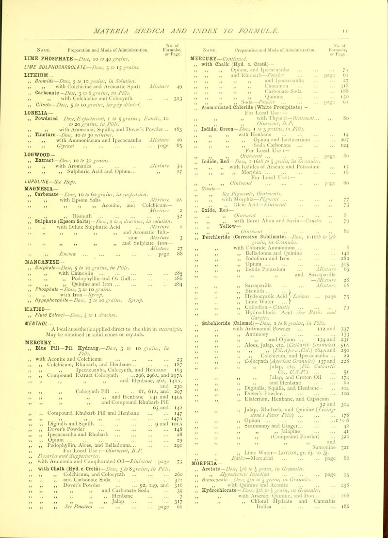 No. of Name. Preparation and Mode of Administration. Formula;, or Page. LIME PHOSPHATE —Dose, Io Aj 40 grains. LIME SULPHOGARBOLA TE—Dose, 5 to 1 $ grains. LITHIUM— ,, Bromide—Dose, 5 to 10 grains, in Solution. ,, ,, with Colchicine and Aromatic Spirit Mixture 49 ,, Carbonate —Dose, 3 to 6 grains, in Pills. ,, ,, with Colchicine and Colocynth ... ... 313 ,, Citrate—Dose, 5 to 10 grains, largely diluted. LOBELIA— ,, Powdered Dose, Expectorant, 1 to 5 grains; Emdic, 10 to 20 grains, in Pills. ,, ,, with Ammonia, Squills, and Dover’s Powder... ,, Tincture—Dose, \o to 30 minims. ,, ,, with Ammoniacum and Ipecacuanha Mixture ,, ,, Glycccol ... ... ... ... ... page LOGWOOD - ,, Extract — Dose, 10 to 30 grains. ,, ,, with Aromatics ... ... .. Mixture ,, ,, ,, Sulphuric Acid and Opium... ,, LUPULINE—See Hops. MAGNESIA— ,, Carbonate—Dose, 10 to 60 grains, in suspension. ,, ,, with Epsom Salts .. ... Mixture ,, ,, ,, ,, ,, Aconite, and Colchicum— Mixture ,, ,, ,, Bismuth ... ... ... ... ,, ,, Sulphate (Epsom Salts)—Dose, 2/04 drachms, in solution. ,, ,, with Dilute Sulphuric Acid ... Mixture ,, ,, ,, ,, ,, ,, and Aromatic Infu- sion Mixture ,, ,, ,, ,, ,, ,, and Sulphate Iron— Mixture Name. Preparation and Mode of Administration. MERCURY— Continued. ,, with Chalk (Hyd. c. Creta)— No. o( Formula:, or Page. i83 16 65 34 17 27 ,, ,, Enema ... ... ... ... ... page 8S MANGANESE— ,, Sulphate—Dose, 5 to 10 grains, in Pills. ,, ,, with Chinoidin ... ... ... ... ... 285 ,, ,, ,, Podophyllin and Ox Gall... ... ... 286 ,, ,, ,, Quinine and Iron ... ... ... .. 284 ,, Phosphate -Dose, 3 to 10 grains. ,, ,, with Iron—Syrup. ,, Hypophosphite—Dose, 3 to 10 grains. Syrup. MATICO— ,, Fluid Extract—Dose, A- to 1 drachm. MENTHOL— A local ancesthetic applied direct to the skin in neuralgia. May be obtained in solid cones or crystals. MERCURY Blue Pill—Pil. Hydrarg.—Dose, 3 to 10 grains, in Pills. with Aconite and Colchicum ... ... ... ... 23 Colchicum, Rhubarb, and Henbane... ... ... 187 ,, Ipecacuanha, Colocynth, and Henbane 163 Compound Extract Colocynth ...296, 296A, and 297A ,, ,, ,, and Henbane, 46A, 141.V, and 230 ,, Colocynth Pill .. ... 61, 6ia, and 297 ., ,, ,, and Henbane 141 and 141A ,, ,, and Compound Rhubarb Pill 63 and 142 Compound Rhubarb Pill and Henbane ... 147 ... 147A 9 and 101A ... 148 Digitalis and Squills ... Dover’s Powder Ipecacuanha and Rhubarb Opium ... Podophyllin, Aloes, and Belladonna... For Local Use :—Ointment, B.P. Pessaries and Suppositories. with Ammonia and Camphorated Oil—Liniment page with Chalk (Hyd. c. Creta)—Dose, 3/08grains, in Pills. Colchicum, and Colocynth and Carbonate Soda ... Dover’s Powder ... .. 92, 149, and ,, ,, and Carbonate Soda ,, ,, ,, Henbane ,, ,, ,, Jalap See Powders ... ... ... ... page 28 29 291 260 322 316 39 7 317 61 i 1 } > Opium, and Ipecacuanha 7 A t J and Rhubarb—Powder ... page 6l >» tf ,, ,, and Ipecacuanha 27 »» 11 ,, ,, Cinnamon 3 >8 >» ,, ,, Carbonate Soda iSS > f ,, ,, Quinine 150 ,, ,, ,, Soda—Powder ... ... page 01 Ammoniated Chloride (White Precipitate) - For Local Use : — ,, ,, with Thymol—Ointment... ,, ,, ,, Ointment, B.P. Iodide, Green — Dose, 1 to 3 grains, in Pills. ,, ,, with Henbane ,, ,, ,, Opium and Lactucarium ... ,, ,, ,, Soda Carbonate For Local Use :— ,, ,, Ointment ... ... ... ... page Iodide, Red—Dose, l-16/h to J grain, in Granules. ,, ,, with Iodides of Arsenic and Potassium ,, ,, ,, Morphia ... For Local Use:— ,, ,, Ointment ... ... .. ... page Oleate— ,, See Pigments, Ointments. ,, with Morphia—Pigment ... ... ... ,, ,, ,, Oleic Acid—Liniment ... ... ,, Oxide, Red— ,, ,, Ointment ... ... ... ... ,, ,, ,, with Burnt Alum and Savin—Caustic ,, ,, Yellow— ,, ,, Ointment . ... ... ... ,, Perchloride (Corrosive Sublimate)—Dose, 1-16Ik to \th grain, in Granules. „ with Chloride Ammonium ... ,, ,, Belladonna and Quinine ,, ,, Iodoform and Iron ,, ,, Opium ... ,, ,, Iodide Potassium and Mixtur Sarsaparilla —Mixtur Mixture page So 14 207 124 So 17 So 77 73 S 79 S 146 2S2 305 69 2S 68 75 79 ,, ,, Sarsaparilla ,, ,, Bismuth... ... 1 ,, ,, Hydrocyanic Acid Lotions ,, ,, Lime Water ... ; ,, ,, Collodion — Caustic ... ... ,, ,, ,, Hydrochloric Acid—See Baths and Gargles. Subchloride (Calomel)—/?^’, 1 to % grains, in Pills. with Antimonial Powder ... 112 and ,, Antimony ,, ,, and Opium ... 134 and ,, Aloes, Jalap, etc. (Cathartic Granules) ,, ,, ,, {Pil. A per. c. Cal.) l64.\and ,, ,, Colchicum, and Ipecacuanha ... ,, Colocynth {Aperient Granules) 137 and ,, ,, Jalap, etc. {Pil. Cathartic Co., U.S.P.) ... ,, ,, Jalap, and Croton Oil ,, ,, and Henbane ,, Digitalis, Squills, and Henbane • ,, Dover’s Powder... ,, Elaterium, Henbane, and Capsicum 52 and ,, Jalap, Rhubarb, and Quinine {Living- stone’s Fever Pills) ... ,, Opium ... ,, Scammony and Ginger... ,, ,, ,, Jalapine ,, ,, (Compound Powder ,» >, „ >> and Santonine 321 ,, Lime Water— Lotion, gr. iij. to §j. Baths—Mercurial ... ... ... page 86 MORPHIA— ,, Acetate —Dose, \th to -I grain, in Granules. ,, ,, Hypodermic Injection ... ... ... page 95 ,, Bimeconate—Dose, jh to J grain, in Granules. ,, ,, with Quinine a.nd Aconite ... ... ... 258 ,, Hydrochlorate — Dose. \th to \ grain, in Granules. ,, ,, with Arsenic, Quinine, and Iron... ... 26S ,, ,, ,, Chloral Hydrate and Cannabis Indica ... ... ... ... 186 337 '33 23' 5'A 250 22 228 5' '74 62 104 1 to 304 ■ 178 . 1 to 6 42 4' . 320