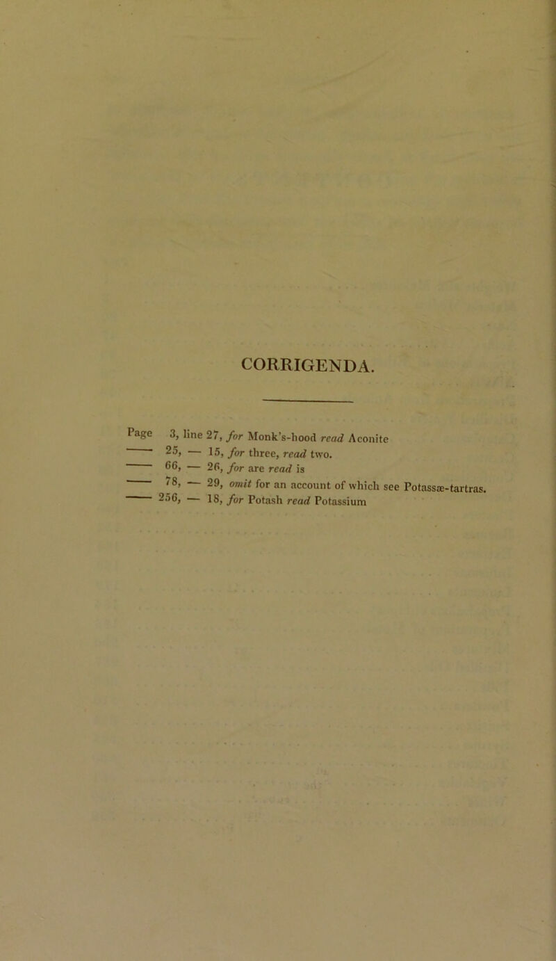 CORRIGENDA. I ago 3, line 2<, for Monk’s-hood read Aconite 25, 15, for three, read two. 66, — 26, for are read is ' '8’ 29> omit for an account of which see Potassie-tartras. 256, 18, for Potash read Potassium