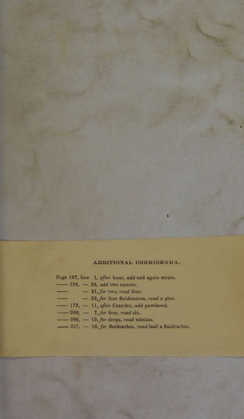 * I ADDITIONAL. CORRIGENDA. Page 107, line 1, after hour, add and again strain. 124, — 20, add two ounces. — 21, for two, read four. — 22, for four fluidounces, read a pint. 172, — 11, after Catechu, add powdered. 268, — 7, for four, read six. 296, — 19, for drops, read minims.