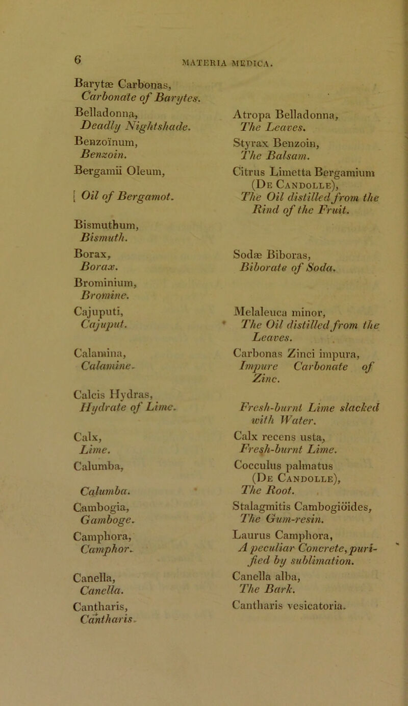 Barytas Carbonas, Carbonate of Barytes. Belladonna, Deadly Nightshade. Benzo'inum, Benzoin. Bergamii Oleum, [ Oil of Bergamot. Bismuthum, Bismuth. Borax, Borax. Brominium, Bromine. Cajuputi, Cajuput. Calamina, Calamine. Calcis Hydras, Hydrate of Lime. Calx, Lime. Calumba, Calumba. Cambogia, Gamboge. Camphora, Camphor. Canella, Canella. Cantharis, Cantharis. Atropa Belladonna, The Leaves. Styrax Benzoin, The Balsam. Citrus Limetta Bergamium (De Candolle), The Oil distilled from the Rind of the Fruit. Sodas Biboras, Biborate of Soda. Melaleuca minor, The Oil distilled from the Leaves. Carbonas Zinci impura, Impure Carbonate of Zinc. Fresh-burnt Lime slacked with Water. Calx recens usta. Fresh-burnt Lime. Cocculus palmatus (De Candolle), The Root. Stalagmitis Cambogibides, The Gum-resin. Laurus Camphora, A peculiar Concrete, puri- fied by sublimation. Canella alba, The Bark. Cantharis vesicatoruu