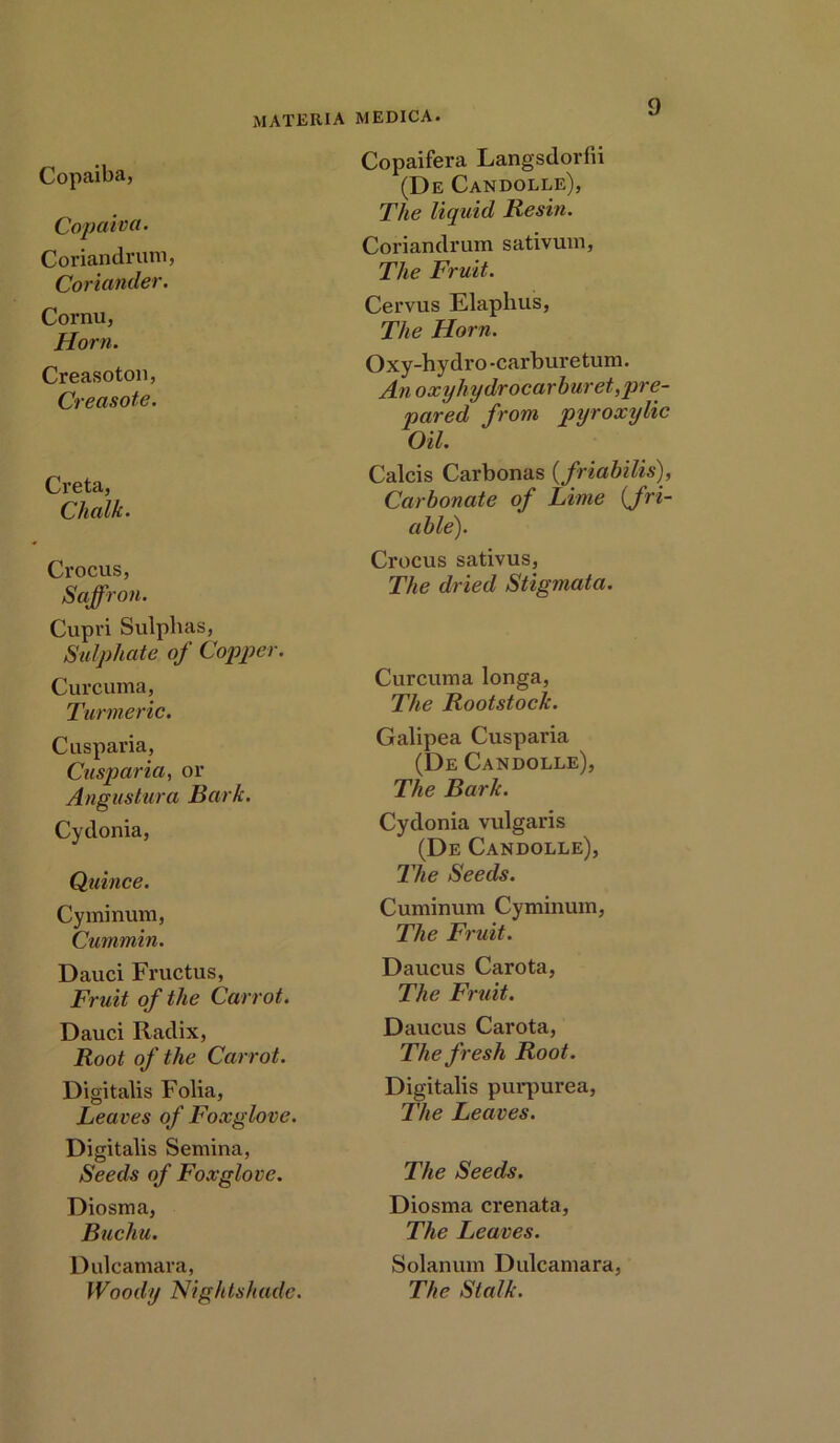 materia Copaiba, Copaiva. Coriandrum, Coriander. Cornu, Horn. Creasoton, Creosote. Creta, Chalk. Crocus, Saffron. Cupri Sulphas, Sulphate of Copper. Curcuma, Turmeric. Cusparia, Cusparia, or Augustura Bark. Cydonia, Quince. Cyminum, Cummin. Dauci Fructus, Fruit of the Carrot. Dauci Radix, Root of the Carrot. Digitalis Folia, Leaves of Foxglove. Digitalis Semina, Seeds of Foxglove. Diosma, Buchu. Dulcamara, Woody Nightshade. medica. u Copaifera Langsdorfii (De Candolle), The liquid Resin. Coriandrum sativum, The Fruit. Cervus Elaphus, The Horn. Oxy-hydro -carburetum. Anoxyhydrocarburet,pre- pared from pyroxylic Oil. Calcis Carbonas (friabilis), Carbonate of Lime {fri- able). Crocus sativus, The dried Stigmata. Curcuma longa, The Rootstock. Galipea Cusparia (De Candolle), The Bark. Cydonia vulgaris (De Candolle), The Seeds. Cuminum Cyminum, The Fruit. Daucus Carota, The Fruit. Daucus Carota, The fresh Root. Digitalis purpurea, The Leaves. The Seeds. Diosma crenata, The Leaves. Solanum Dulcamara, The Stalk.