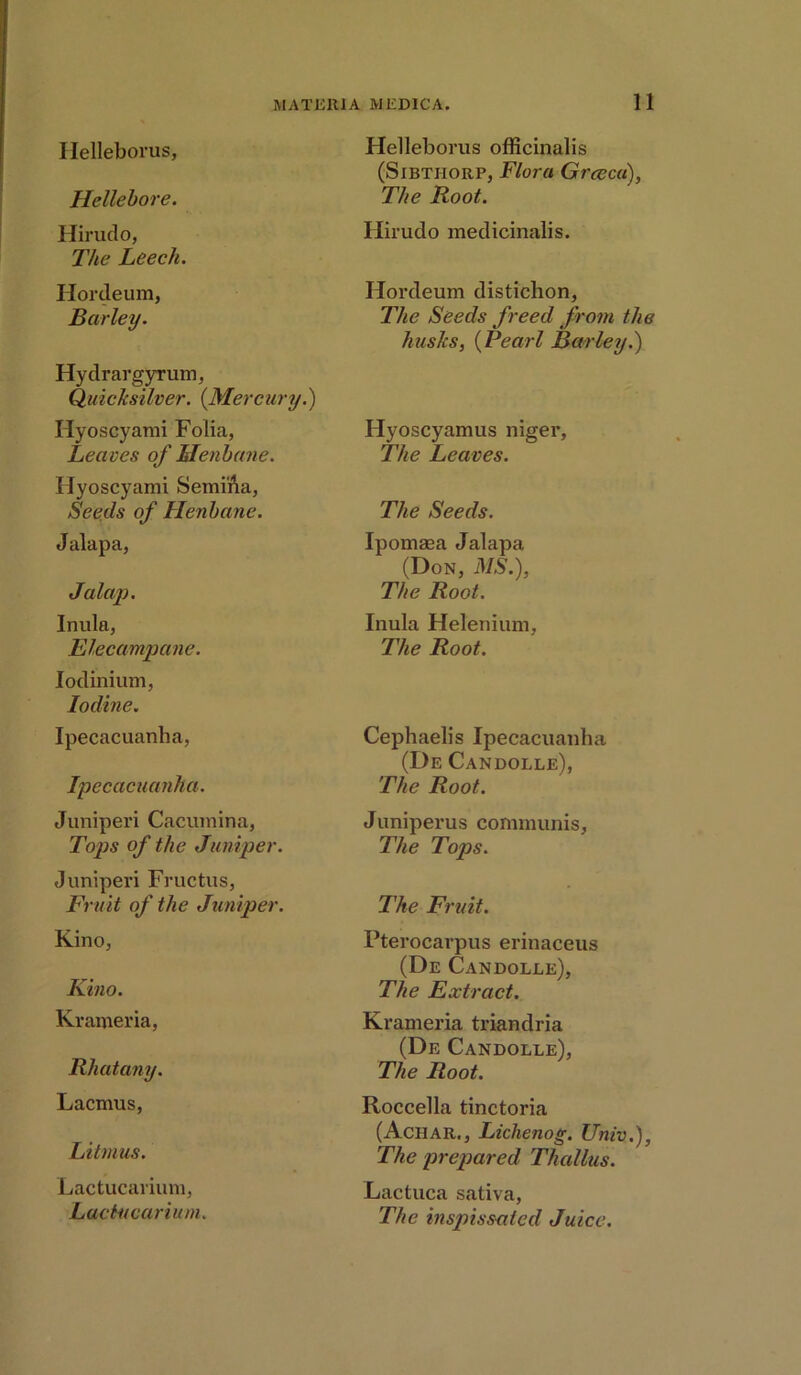 Helleborus, Hellebore. Hirudo, The Leech. Hordeum, Barley. Hydrargyrum, Quicksilver. {Mercury.) Hyoscyami Folia, Leaves of Henbane. Hyoscyami Semi'fta, Seeds of Henbane. Jalapa, Jalap. Inula, Elecampane. Iodinium, Iodine. Ipecacuanha, Ipecacuanha. Juniperi Cacumina, Tops of the Juniper. Juniperi Fructus, Fruit of the Juniper. Kino, Kino. Kramer ia, Rhatany. Lacmus, Litmus. Lactucarium, Lactucarium. Helleborus officinalis (Sibtiiorp, Flora Grceca), The Root. Hirudo medicinalis. Hordeum distichon, The Seeds freed from the husks, {Pearl Barley.) Hyoscyamus niger, The Leaves. The Seeds. Ipomaea Jalapa (Don, MS.), The Root. Inula Helenium, The Root. Cephaelis Ipecacuanha (De Candolle), The Root. Juniperus communis, The Tops. The Fruit. Pterocarpus erinaceus (De Candolle), The Extract. Krameria triandria (De Candolle), The Root. Roccella tinctoria (Achar,, Lichenog. Univ,), The prepared Thallus. Lactuca sativa, The inspissated Juice.