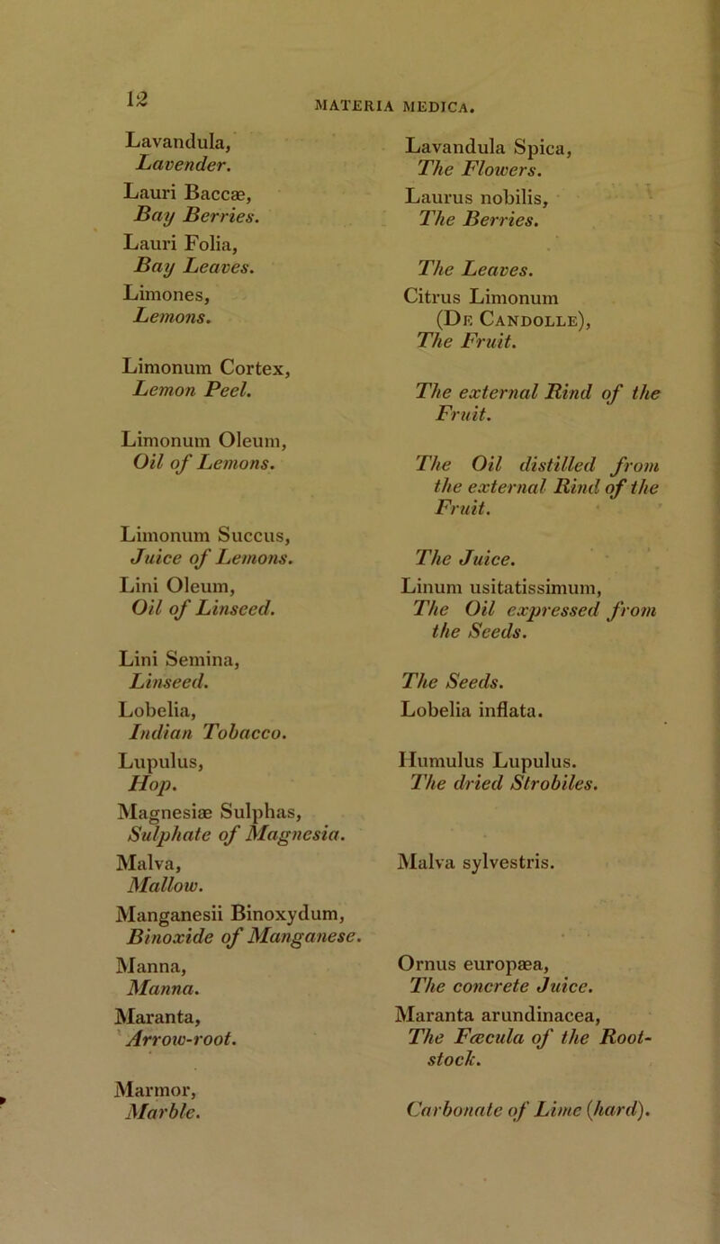 MATERIA MEDICA. Lavandula, Lavender. Lauri Baccae, Bay Berries. Lauri Folia, Bay Leaves. Limones, Lemons. Limonum Cortex, Lemon Peel. Limonum Oleum, Oil of Lemons. Limonum Succus, Juice of Lemons. Lini Oleum, Oil of Linseed. Lini Semina, Linseed. Lobelia, Indian Tobacco. Lupulus, Hop. Magnesiae Sulphas, Sulphate of Magnesia. Malva, Mallow. Manganesii Binoxydum, Binoxide of Manganese. Manna, Manna. Maranta, Arrow-root. Marmor, Marble. Lavandula Spica, The Flowers. Laurus nobilis. The Berries. The Leaves. Citrus Limonum (De Candolle), The Fruit. The external Bind of the Fruit. The Oil distilled from the external Rind of the Fruit. The Juice. Linum usitatissimum, The Oil expressed from the Seeds. The Seeds. Lobelia inflata. Humulus Lupulus. The dried Strobiles. Malva sylvestris. Ornus europaea, The concrete Juice. Maranta arundinacea, The Feecida of the Root- stock. Carbonate of Lime {hard).