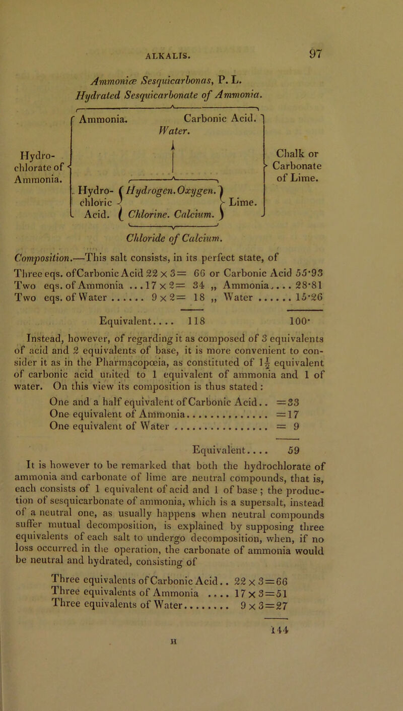 I-Iydro- clilorate of Ammonia. Ammonite Sesquicarbonas, P. L. Hydrated, Sesquicarbonate of Ammonia. Ammonia. Carbonic Acid. Hater. Hydro- ( Hydrogen. Oxygen. 1 chloric 1 > Li Acid. ( Chlorine. Calcium. \ Lime. Chalk or ► Carbonate of Lime. Chloride of Calcium. * . ' • t»t Composition.—This salt consists, in its perfect state, of Three eqs. ofCarbonic Acid 22 x 3 = 6G or Carbonic Acid 55*93 Two eqs. of Ammonia ...17x2= 34 „ Ammonia.... 28*81 Two eqs. of Water 9x2= 18 ,, Water 15*26 Equivalent.... 118 100* Instead, however, of regarding it as composed of 3 equivalents of acid and 2 equivalents of base, it is more convenient to con- sider it as in the Pharmacopoeia, as constituted of 1^ equivalent of carbonic acid united to 1 equivalent of ammonia and 1 of water. On this view its composition is thus stated: One and a half equivalent of Carbonic Acid.. =33 One equivalent of Ammonia =17 One equivalent of Water = 9 Equivalent.... 59 It is however to be remarked that botli the hydrochlorate of ammonia and carbonate of lime are neutral compounds, that is, each consists of 1 equivalent of acid and 1 of base ; the produc- tion of sesquicarbonate of ammonia, which is a supersalt, instead of a neutral one, as usually happens when neutral compounds suffer mutual decomposition, is explained by supposing three equivalents of each salt to undergo decomposition, when, if no loss occurred in the operation, the carbonate of ammonia would be neutral and hydrated, consisting of I hree equivalents ofCarbonic Acid.. 22 x 3 = 66 Three equivalents of Ammonia .... 17x3 = 51 Three equivalents of Water 9 x 3 = 27 144 H