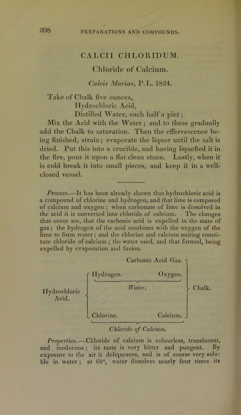 CALCII CIILORIDUM. Chloride of Calcium. Colds Marias, P.L. 1824. Take of Chalk five ounces, Hydrochloric Acid, Distilled Water, each half a pint; Mix the Acid with the Water; and to these gradually add the Chalk to saturation. Then the effervescence be- ing finished, strain ; evaporate the liquor until the salt is dried. Put this into a crucible, and having liquefied it in the fire, pour it upon a fiat clean stone. Lastly, when it is cold break it into small pieces, and keep it in a well- closed vessel. Process.—It has been already shown that hydrochloric acid is a compound of chlorine and hydrogen, and that lime is composed of calcium and oxygen ; when carbonate of lime is dissolved in the acid it is converted into chloride of calcium. The changes that occur are, that the carbonic acid is expelled in the state of gas ; the hydrogen of the acid combines with the oxygen of the lime to form water; and the chlorine and calcium uniting consti- tute chloride of calcium ; the wrater used, and that formed, being expelled by evaporation and fusion. Carbonic Acid Gas. q Hydrochloric Acid. ' Hydrogen. V - ' ~ V Water. Oxygen. > Chalk. . Chlorine. Calcium. . Chloride of Calcium. Properties.—Chloride of calcium is colourless, translucent, and inodorous; its taste is very bitter and pungent. By exposure to the air it deliquesces, and is of course very solu- ble in water ; at 60°, water dissolves nearly four times its