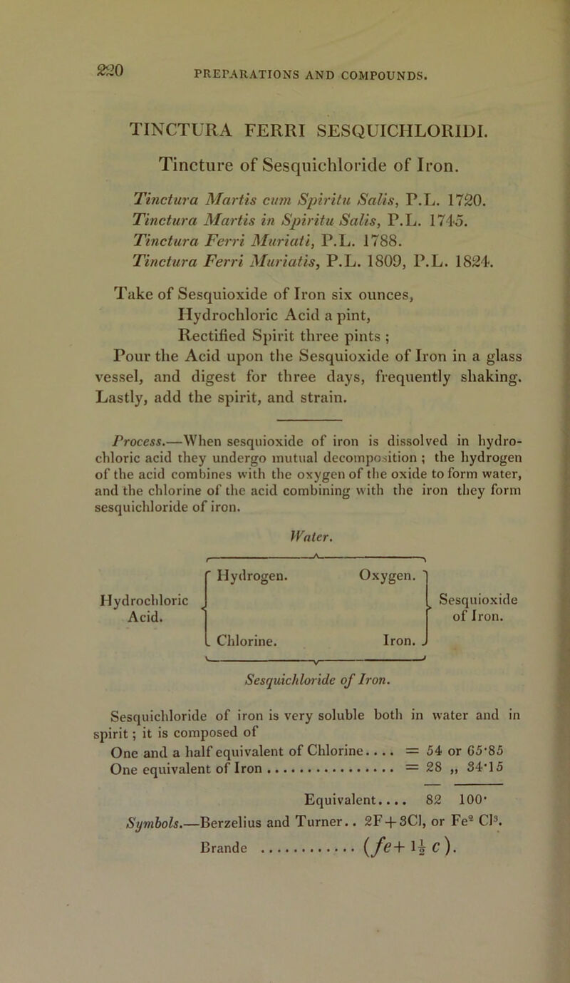 TINCTURA FERRI SESQUICHLORIDI. Tincture of Sesquichloride of Iron. Tinctura Martis cum Spiritu Salts, P.L. 1720. Tinctura Martis in Spiritu Salts, P.L. 1745. Tinctura Ferri Muriati, P.L. 1788. Tinctura Ferri Muriatis, P.L. 1809, P.L. 1824. Take of Sesquioxide of Iron six ounces. Hydrochloric Acid a pint, Rectified Spirit three pints ; Pour the Acid upon the Sesquioxide of Iron in a glass vessel, and digest for three days, frequently shaking. Lastly, add the spirit, and strain. Process.—When sesquioxide of iron is dissolved in hydro- chloric acid they undergo mutual decomposition ; the hydrogen of the acid combines with the oxygen of the oxide to form water, and the chlorine of the acid combining with the iron they form sesquichloride of iron. Water. A Hydrochloric Acid. Hydrogen. Oxygen. Sesquioxide of Iron. „ Chlorine. Iron. . Sesquichloride of Iron. Sesquichloride of iron is very soluble both in water and in spirit; it is composed of One and a half equivalent of Chlorine. ... = 54 or G5'85 One equivalent of Iron = 28 „ 34’15 Equivalent.... 82 100' Symbols.—Berzelius and Turner.. 2F + 3C1, or Fe2 Cl3. Brande (y*l?+l4c).