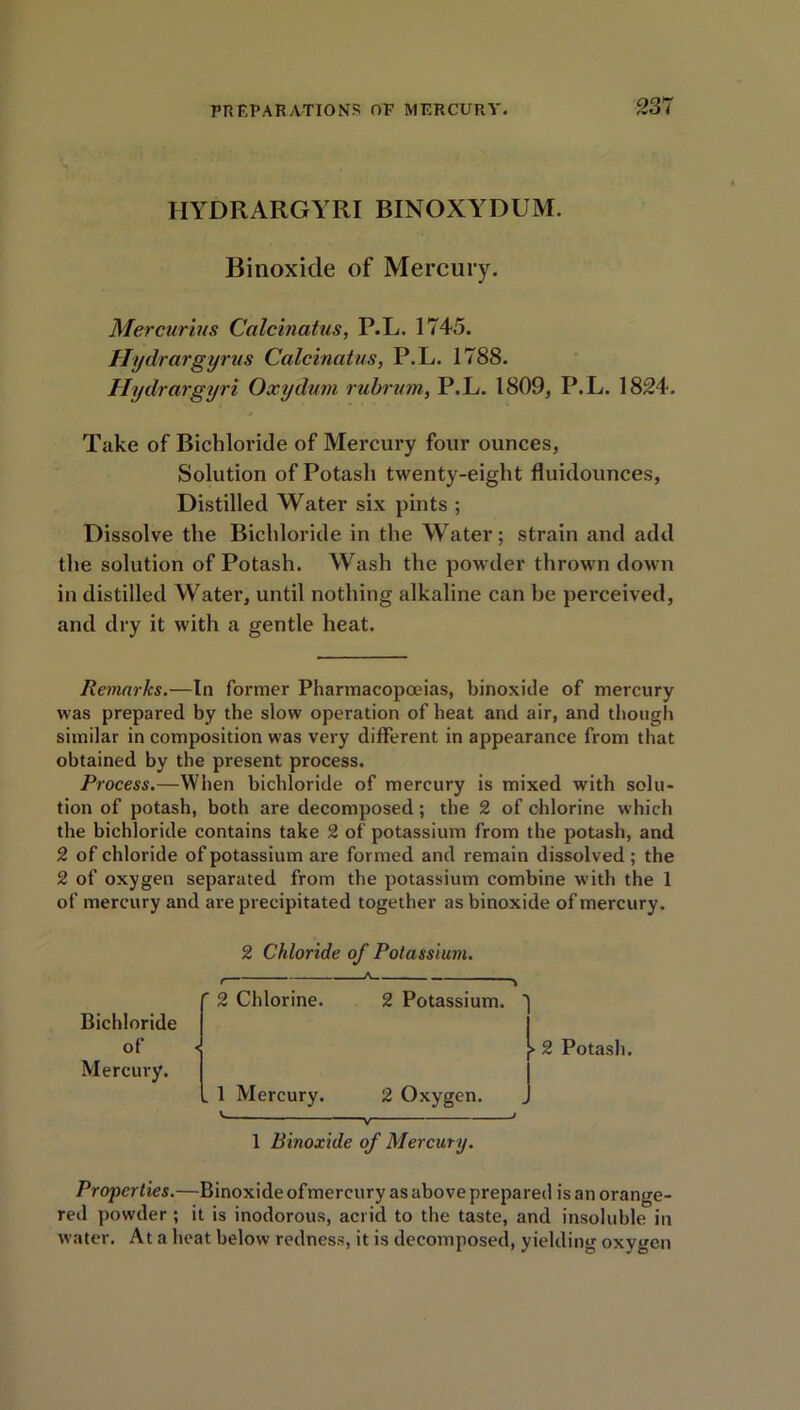 HYDRARGYRI BINOXYDUM. Binoxide of Mercury. Mercurius Calcinatus, P.L. 1745. Hydrargyrus Calcinatus, P.L. 1788. Hydrargyri Oxydum rubrum, P.L. 1809, P.L. 1824. Take of Bichloride of Mercury four ounces, Solution of Potash twenty-eight fluidounces. Distilled Water six pints ; Dissolve the Bichloride in the Water; strain and add the solution of Potash. Wash the powder thrown down in distilled Water, until nothing alkaline can he perceived, and dry it with a gentle heat. Remarks.—In former Pharmacopoeias, binoxide of mercury was prepared by the slow operation of heat and air, and though similar in composition was very different in appearance from that obtained by the present process. Process.—When bichloride of mercury is mixed with solu- tion of potash, both are decomposed; the 2 of chlorine which the bichloride contains take 2 of potassium from the potash, and 2 of chloride of potassium are formed and remain dissolved ; the 2 of oxygen separated from the potassium combine with the 1 of mercury and are precipitated together as binoxide of mercury. Bichloride of Mercury. 2 Chloride of Potassium. ' 2 Chlorine. 2 Potassium. » 1 Mercury. 2 Oxygen. 1 Binoxide of Mercury. > 2 Potash. Properties.—Binoxide ofmercury as above prepared is an orange- red powder ; it is inodorous, acrid to the taste, and insoluble in water. At a heat below redness, it is decomposed, yielding oxygen