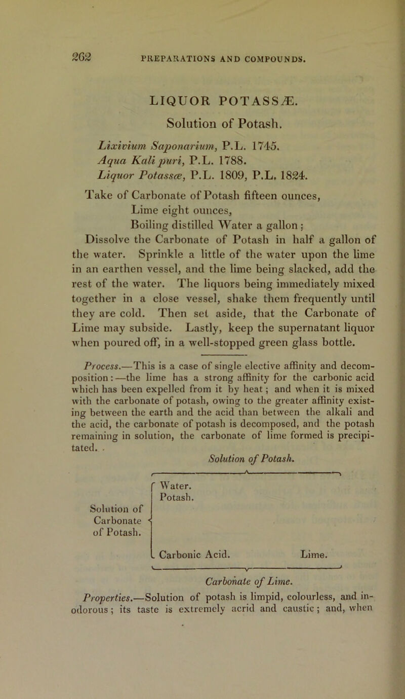 LIQUOR POTASS^. Solution of Potash. Lixivium Saponarium, P.L. 1745. Aqua Kali pur i, P.L. 1788. Liquor Potassce, P.L. 1809, P.L. 1824. Take of Carbonate of Potash fifteen ounces, Lime eight ounces, Boiling distilled Water a gallon : Dissolve the Carbonate of Potash in half a gallon of the water. Sprinkle a little of the water upon the lime in an earthen vessel, and the lime being slacked, add the rest of the water. The liquors being immediately mixed together in a close vessel, shake them frequently until they are cold. Then set aside, that the Carbonate of Lime may subside. Lastly, keep the supernatant liquor when poured off, in a well-stopped green glass bottle. Process.—This is a case of single elective affinity and decom- position :—the lime has a strong affinity for the carbonic acid which has been expelled from it by heat; and when it is mixed with the carbonate of potash, ow ing to the greater affinity exist- ing between the earth and the acid than between the alkali and the acid, the carbonate of potash is decomposed, and the potash remaining in solution, the carbonate of lime formed is precipi- tated. . Solution of Potash. A 1 Water. Potash. Solution of Carbonate * of Potash. „ Carbonic Acid. Lime. v Carbonate of Lime. Properties.—Solution of potash is limpid, colourless, and in- odorous ; its taste is extremely acrid and caustic ; and, when