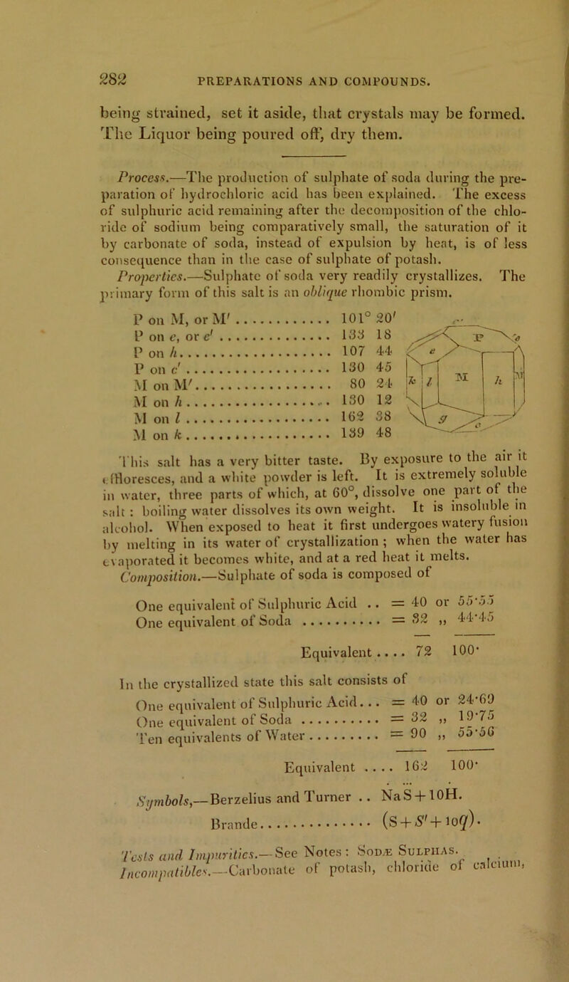 being strained, set it aside, that crystals may be formed. The Liquor being poured oft', dry them. Process.—The production of sulphate of soda during the pre- paration of hydrochloric acid has been explained. The excess of sulphuric acid remaining after the decomposition of the chlo- ride of sodium being comparatively small, the saturation of it by carbonate of soda, instead of expulsion by heat, is of less consequence than in the case of sulphate of potash. Properties.—Sulphate of soda very readily crystallizes. The primary form of this salt is an oblique rhombic prism. This salt has a very bitter taste. By exposure to the air it effloresces, and a white powder is left. It is extremely soluble in water, three parts of which, at 60°, dissolve one part ot the salt: boiling water dissolves its own weight. It is insoluble in alcohol. When exposed to heat it first undergoes watery fusion by melting in its water of crystallization ; when the water has evaporated it becomes white, and at a red heat it melts. Composition.—Sulphate of soda is composed of One equivalent of Sulphuric Acid .. One equivalent of Soda 40 or 55*5.5 82 „ 44*45 Equivalent.... 72 100* In the crystallized state this salt consists of One equivalent of Sulphuric Acid... = 40 or 24*00 One equivalent of Soda = 32 ,, 10*75 Ten equivalents of Water =90 „ o5*5G Equivalent .... 162 100* Symbols,—Berzelius and Turner .. NaS + 10H. Brande (s + S'-\- lo^)- Tests and Impurities.— See Notes : Sod* Sulphas. Incompatibles.—Carbonate of potash, chloride of calcium,